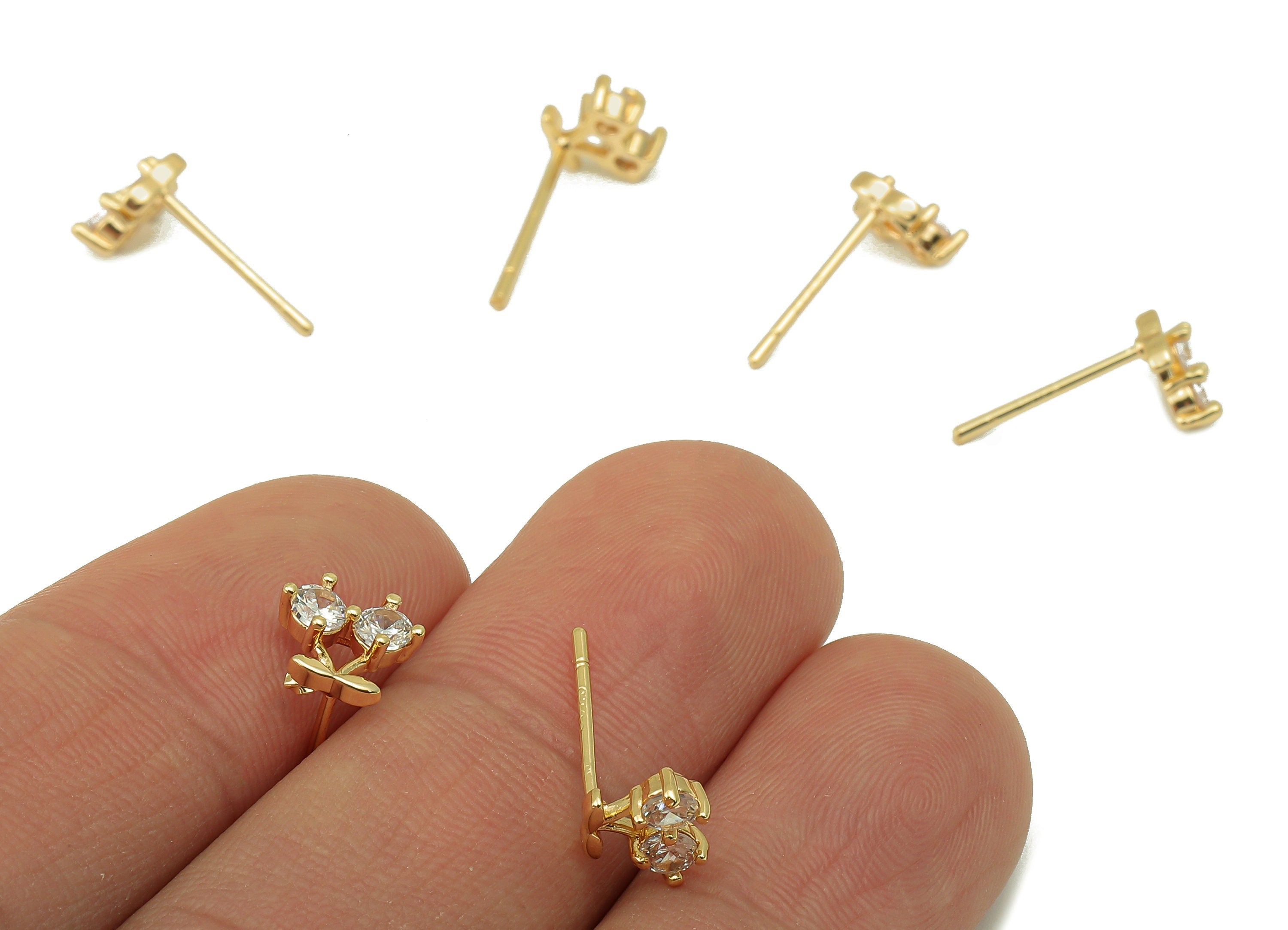 Brass Mini Cherry Earring Stud - Gold Fruit with Cubic Zirconia Earring Post- 18K Real Gold Plated -CZ Earring Findings- 7x8x3mm- RGP6184 - DOMEDBAZAAR