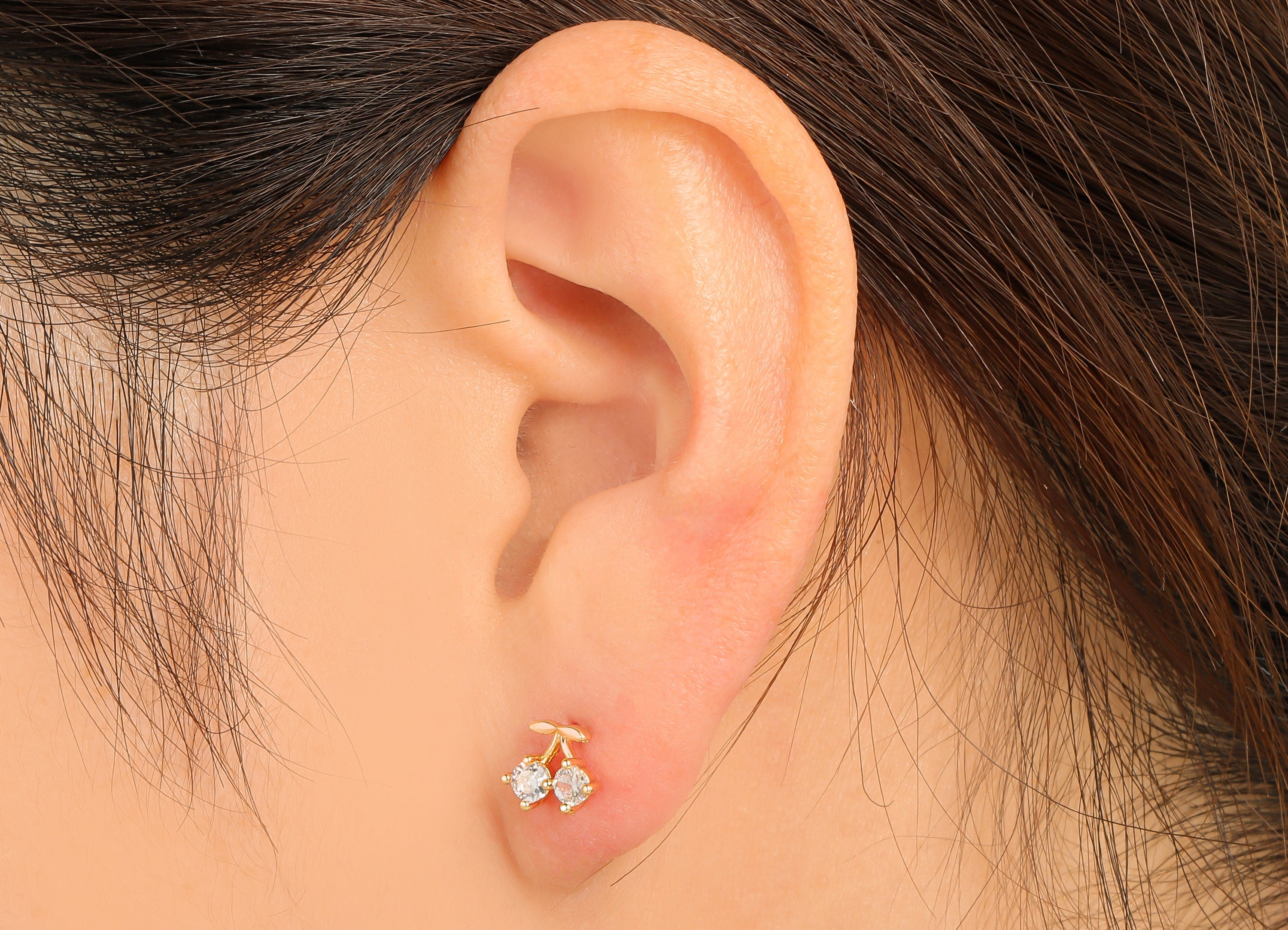 Brass Mini Cherry Earring Stud - Gold Fruit with Cubic Zirconia Earring Post- 18K Real Gold Plated -CZ Earring Findings- 7x8x3mm- RGP6184 - DOMEDBAZAAR