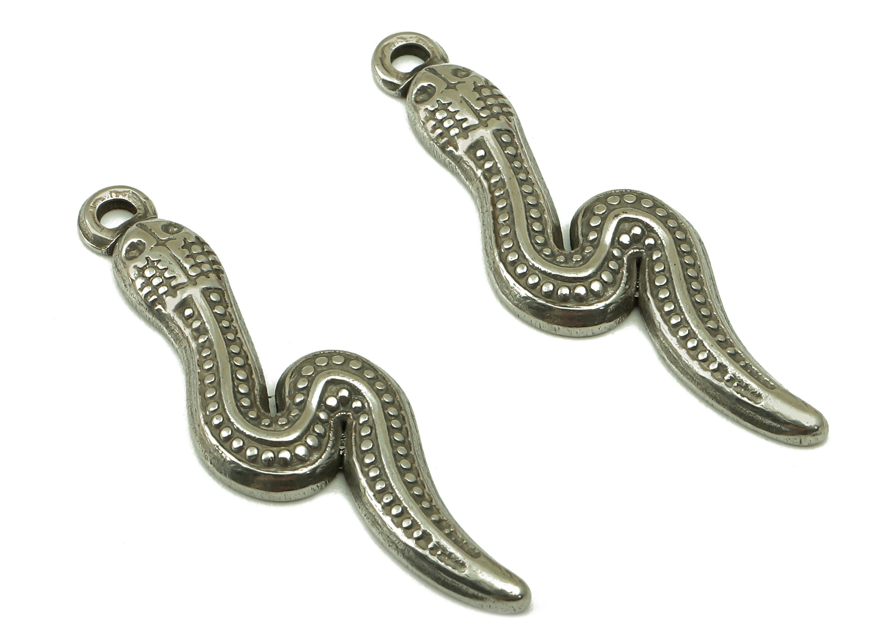 Stainless Steel Snake Earring Charms - Stainless Steel Baby Snake - Mini Dot Small Snake Pendant - Textured Animal Charm -32x10x2mm - SS1423 - DOMEDBAZAAR