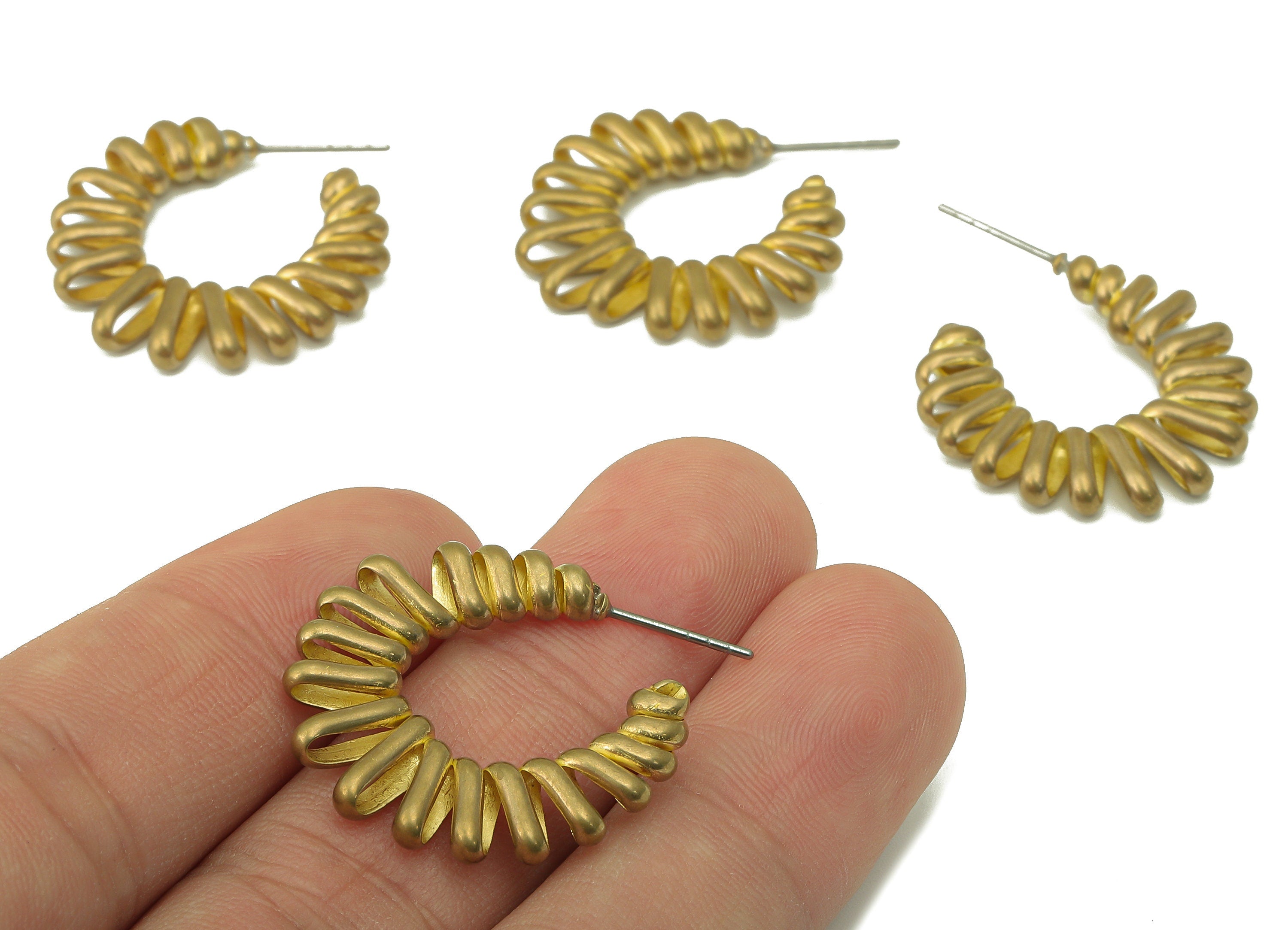 Raw Brass Spring C Hoop Stud Earring - Brass Spiral Wire Earring - Open Hoop Earring Post - Jewelry Making Supplies-33.53x25.34x3.7mm-PP8254 - DOMEDBAZAAR