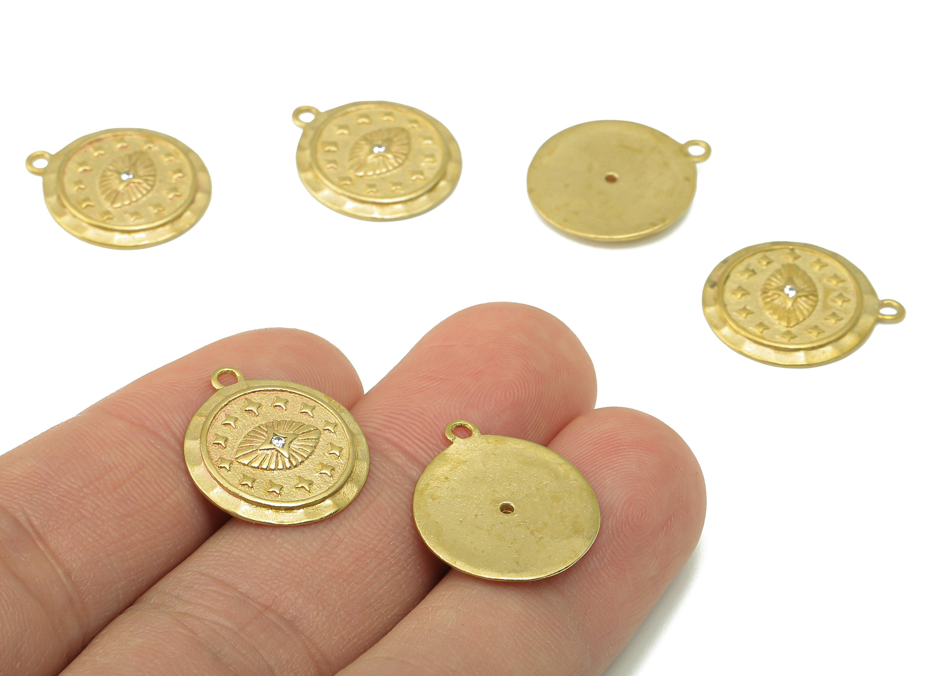 Raw Brass Round Stars Earring Charms - Raw Brass Zircon Pendant - Circle Connector-Jewelry Making Supplies - 19.78 x 16.58 x 2.14mm - PP8376 - DOMEDBAZAAR