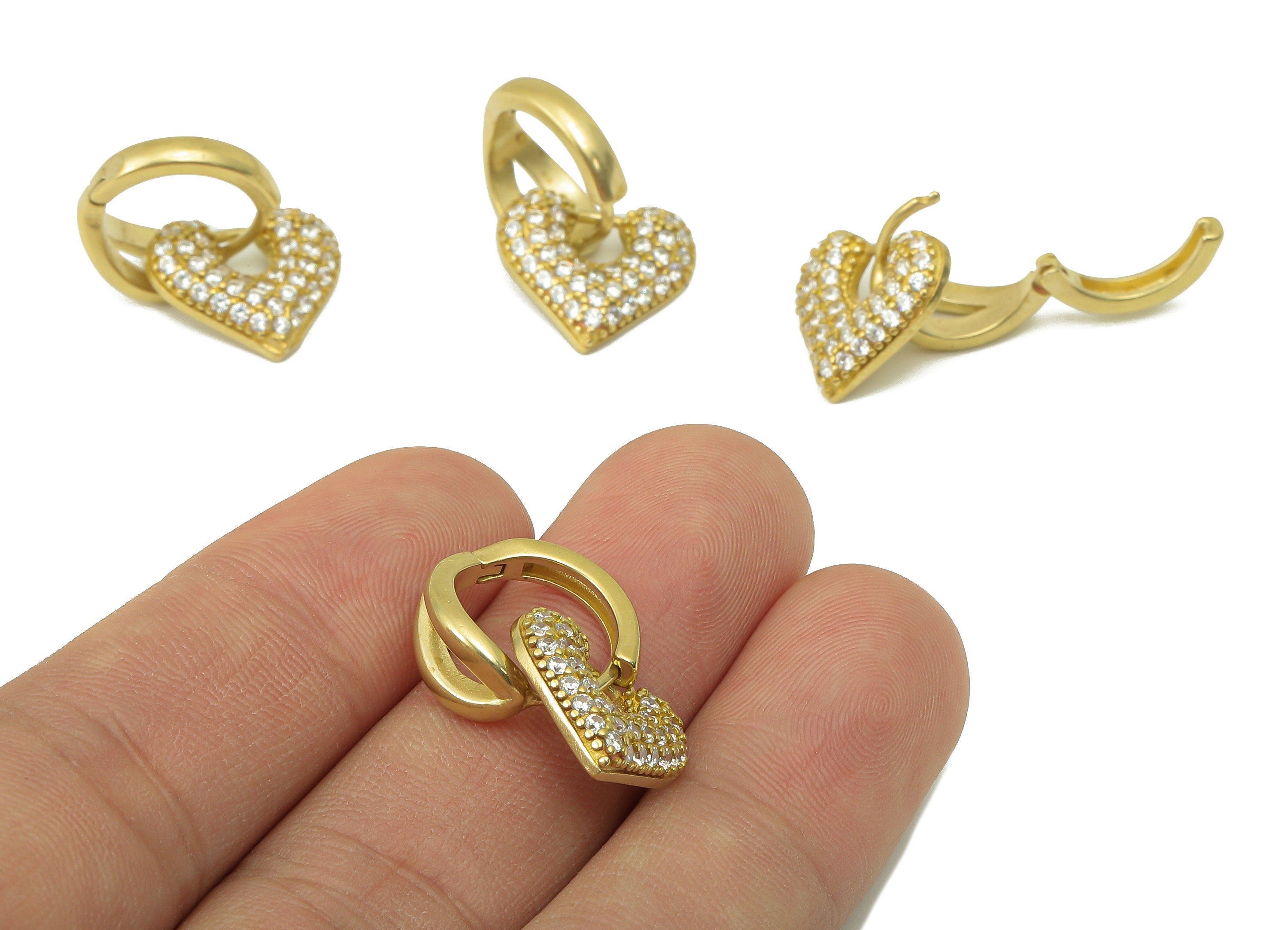 Raw Brass Heart Clasp Hoop Earring - Brass Cubic Zirconia Huggie Hoop Earring - CZ Clasp Earring-Jewelry Making -24.85x15.27x2.04mm- PP8267 - DOMEDBAZAAR