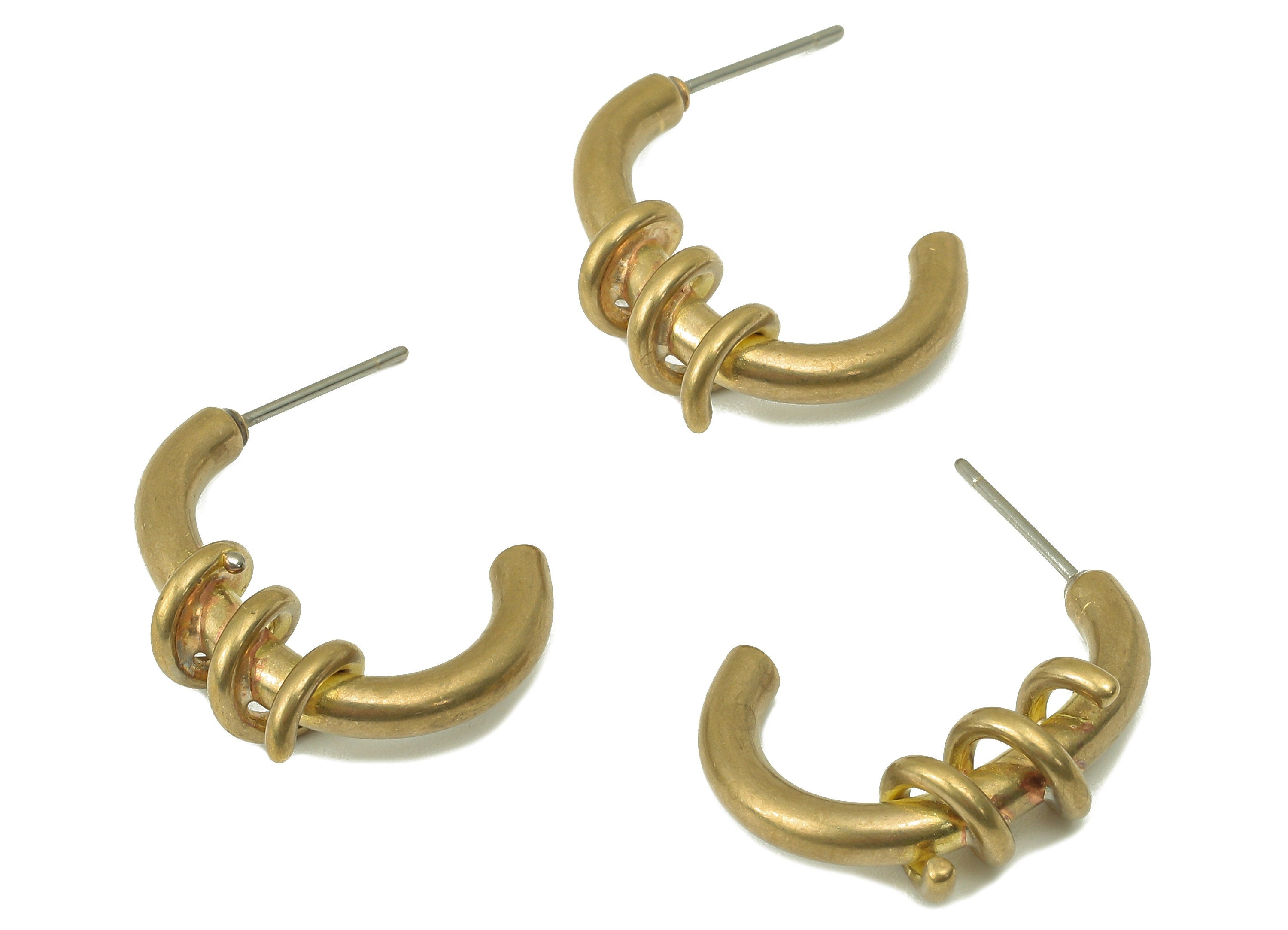 Raw Brass Winding C Hoop Stud Earring - Brass Spiral Wire Earring - Open Hoop Earring Post - Jewelry Making -22.57x 23.9x 2.92mm- PP8272 - DOMEDBAZAAR