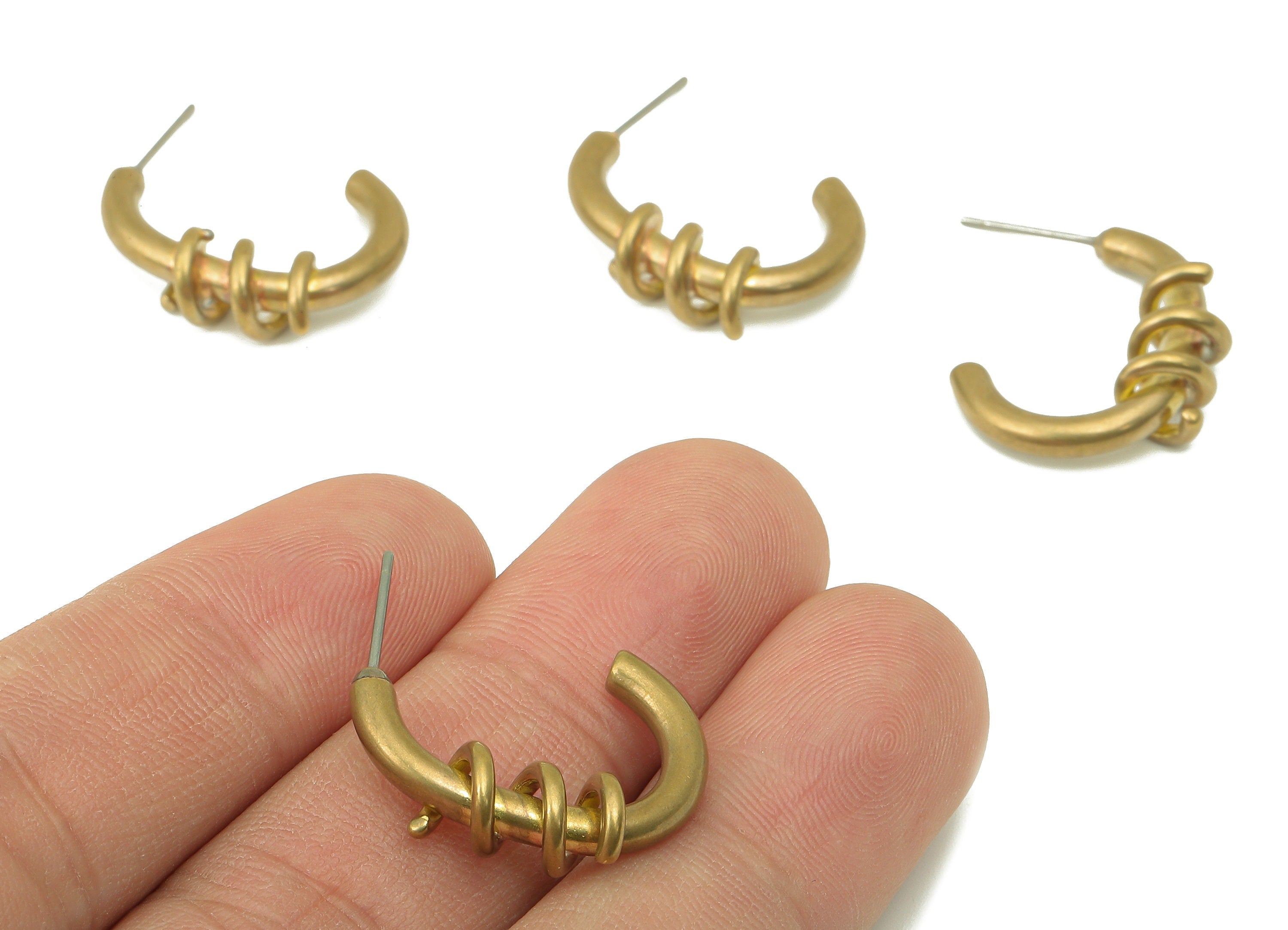 Raw Brass Winding C Hoop Stud Earring - Brass Spiral Wire Earring - Open Hoop Earring Post - Jewelry Making -22.57x 23.9x 2.92mm- PP8272 - DOMEDBAZAAR