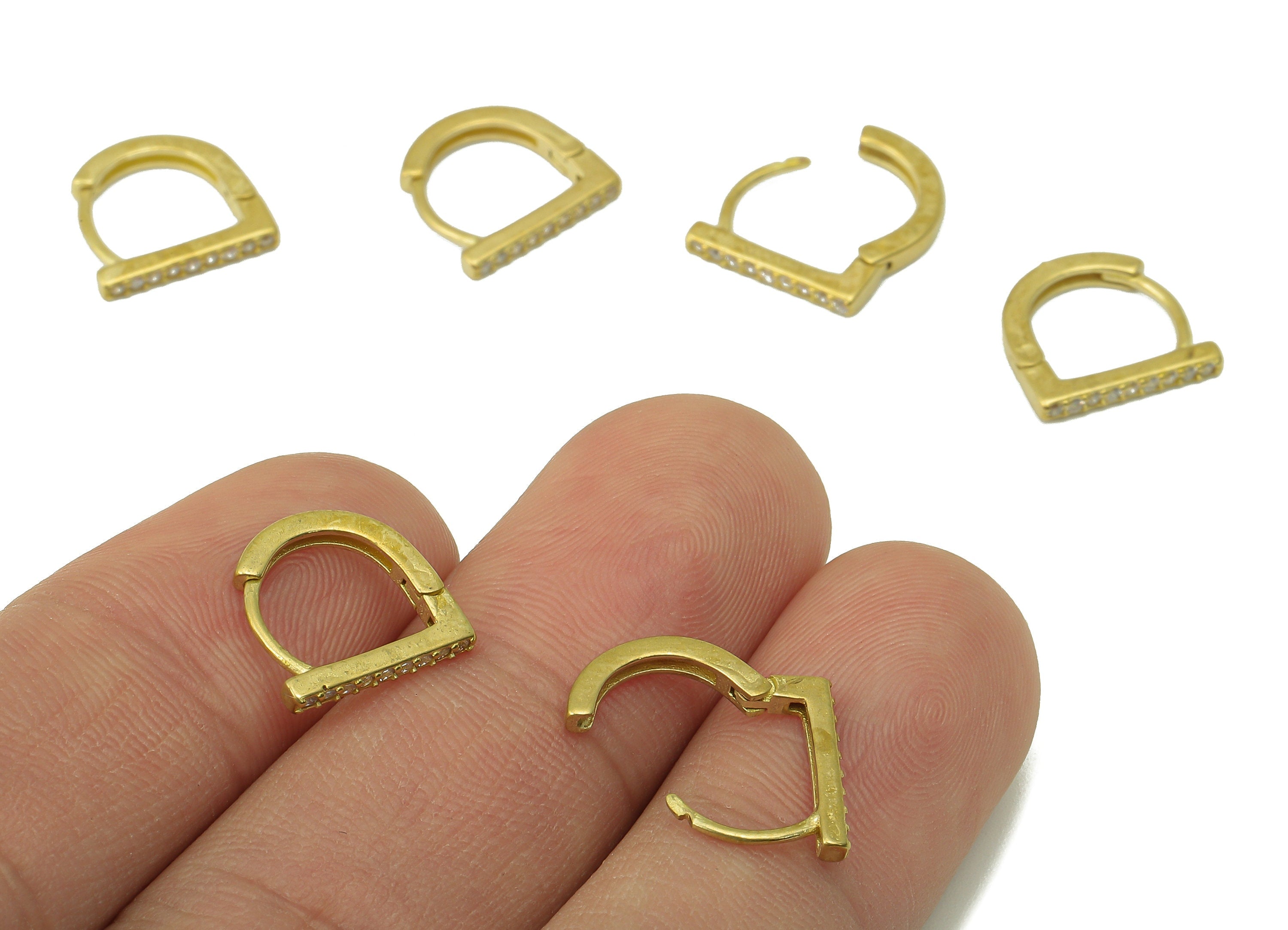 Raw Brass D Huggie Hoop Earring - Brass Hoop Earring Clasp - Dainty Clasp Hoop Earring-Zirconia Geometric Huggie -11.97x12.03x1.78mm- PP8282 - DOMEDBAZAAR
