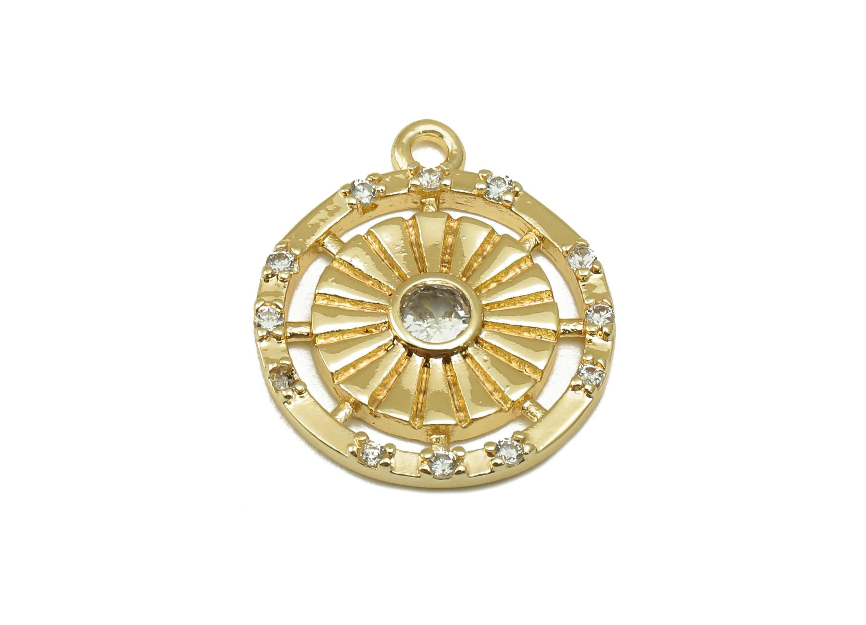 Brass Round Earring Charms - Brass Cubic Zircon Compass Pendant - 18K Real Gold Plated Brass - Jewelry Supplies -20.6x 17x 2.32mm - RGP6651 - DOMEDBAZAAR