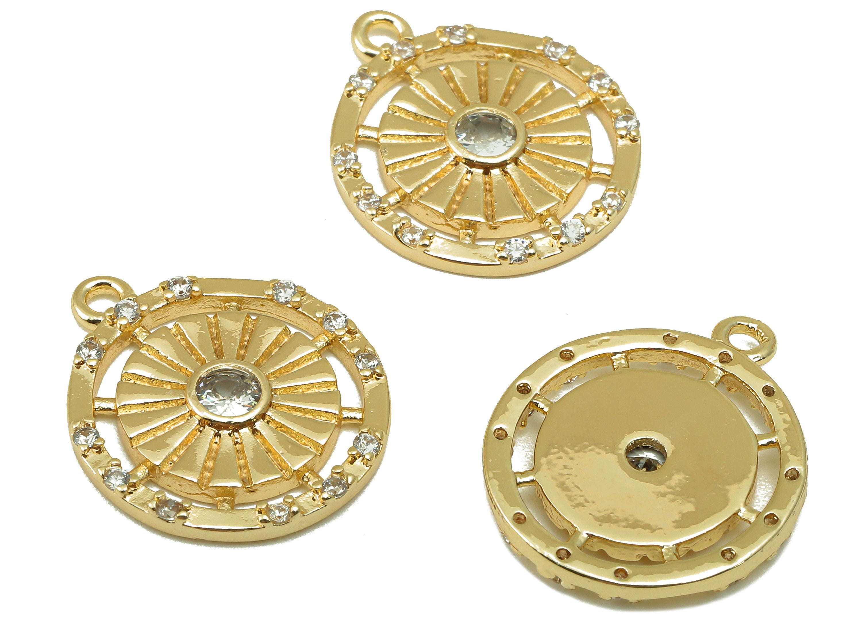 Brass Round Earring Charms - Brass Cubic Zircon Compass Pendant - 18K Real Gold Plated Brass - Jewelry Supplies -20.6x 17x 2.32mm - RGP6651 - DOMEDBAZAAR