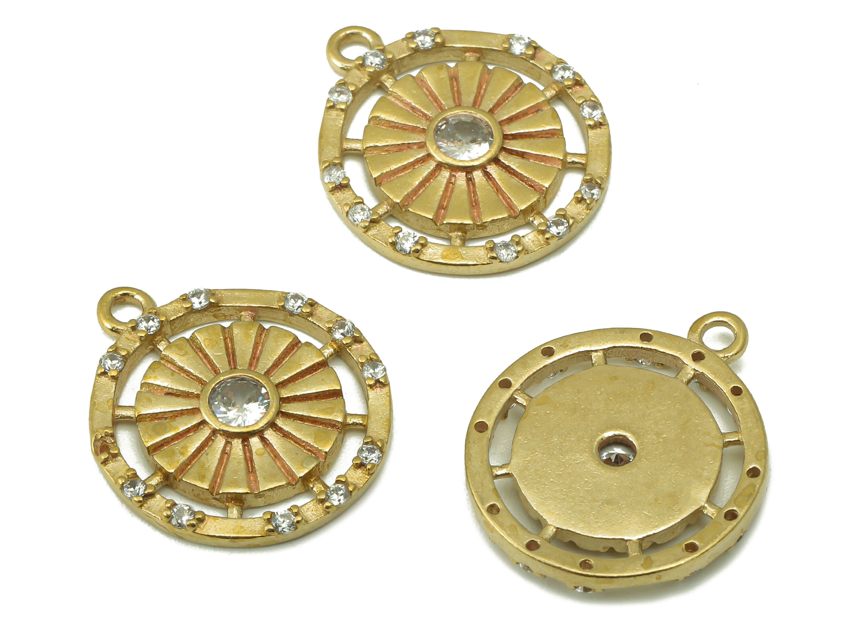 Raw Brass Round Zircon Necklace Charms-Raw Brass Circle Hollow Out Pendant-Petal Pendant-Jewelry Making Supplies -20.32x16.9x2.29mm - PP8379 - DOMEDBAZAAR