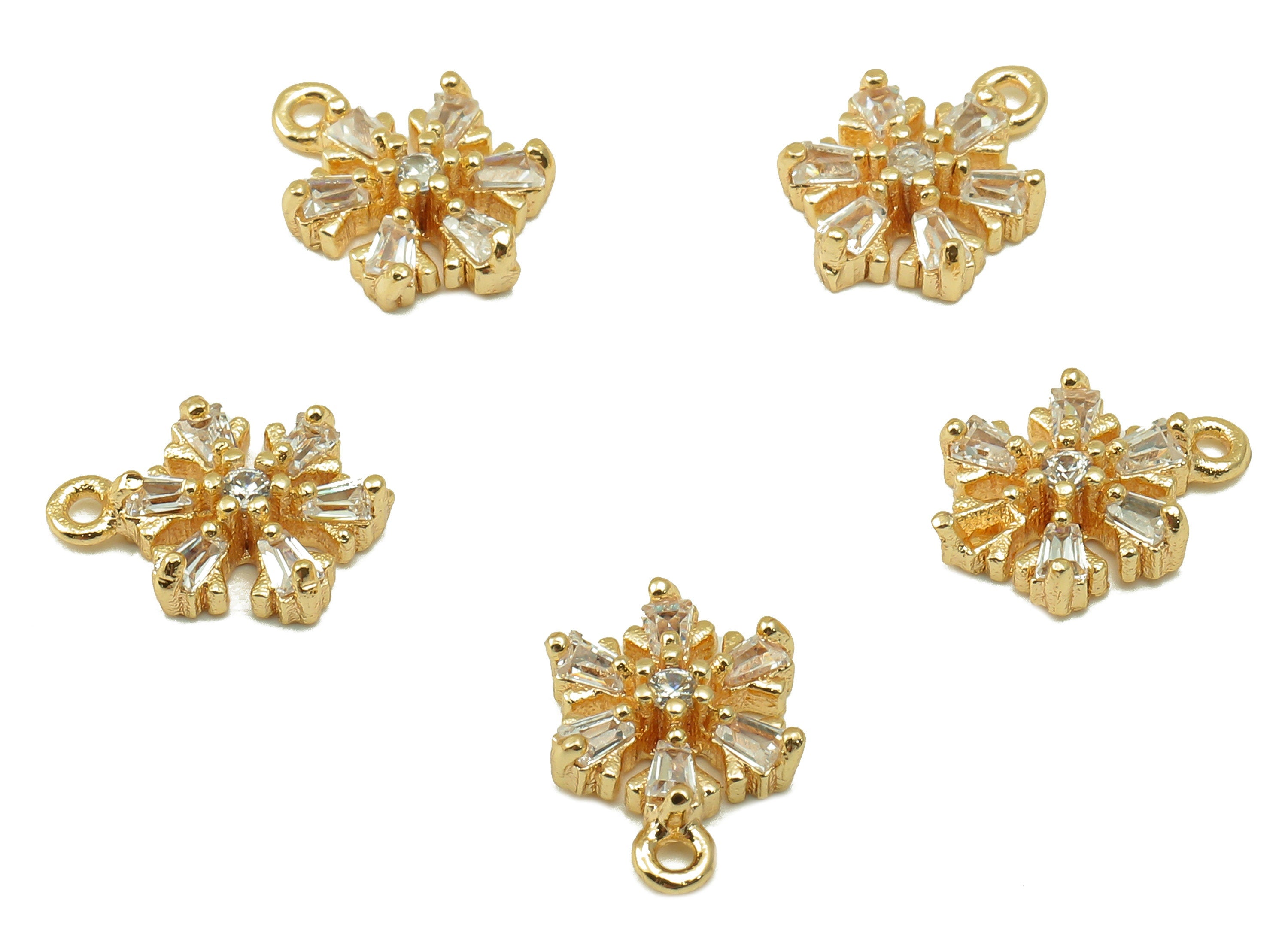 Brass Snowflake Earring Charm - Brass Cubic Zircon Pendant - Textured Shining Snowflake Charm -18K Real Gold Plated -10.3x7.3x2.6mm- RGP6653 - DOMEDBAZAAR