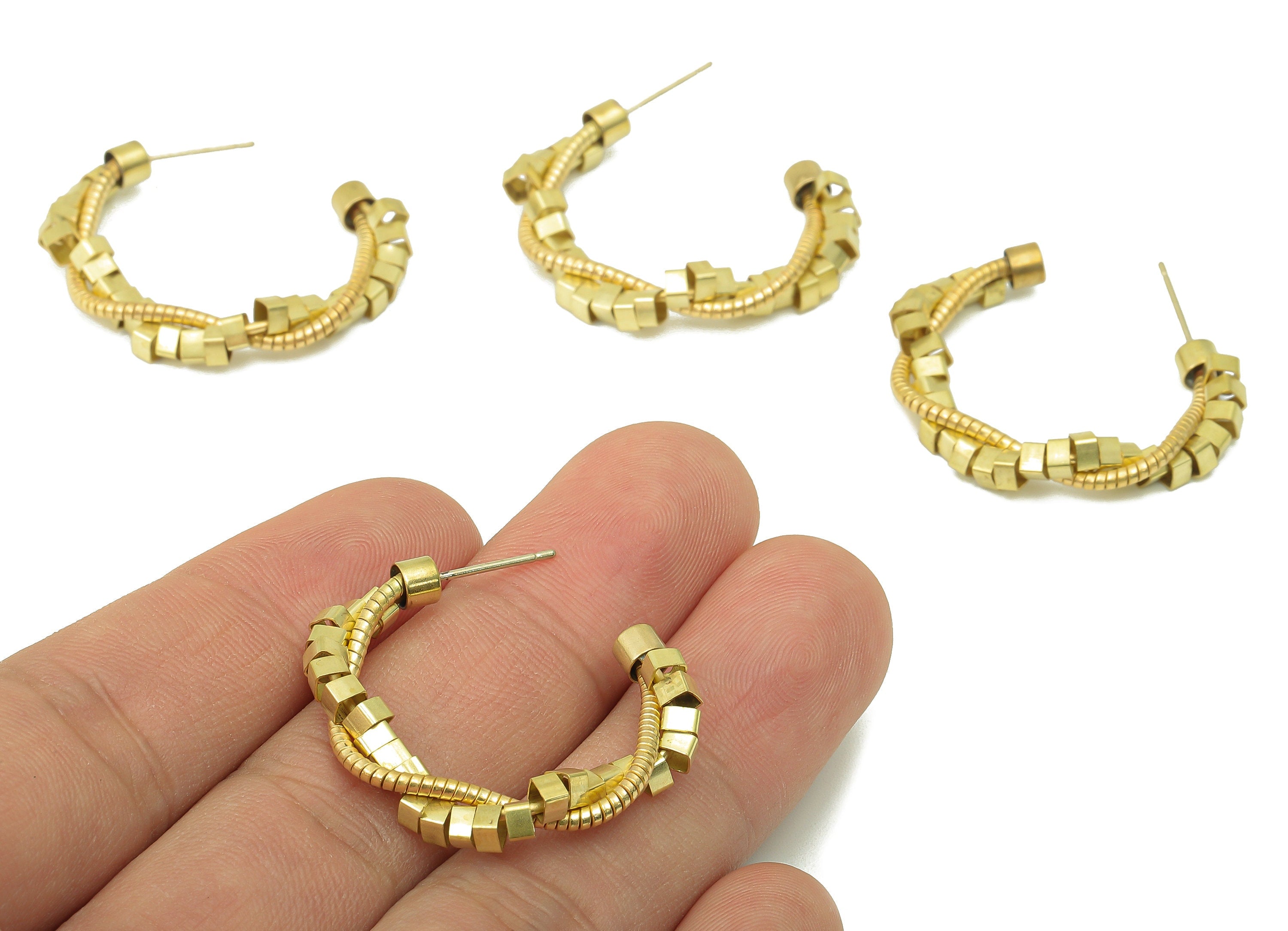 Raw Brass C Hoop Stud Earring - Brass Shake Cube Earring Stud - C Open Chain Hoop Earring Post - Earring Hoop - 32.45x 31.85x4.73mm - PP8289 - DOMEDBAZAAR