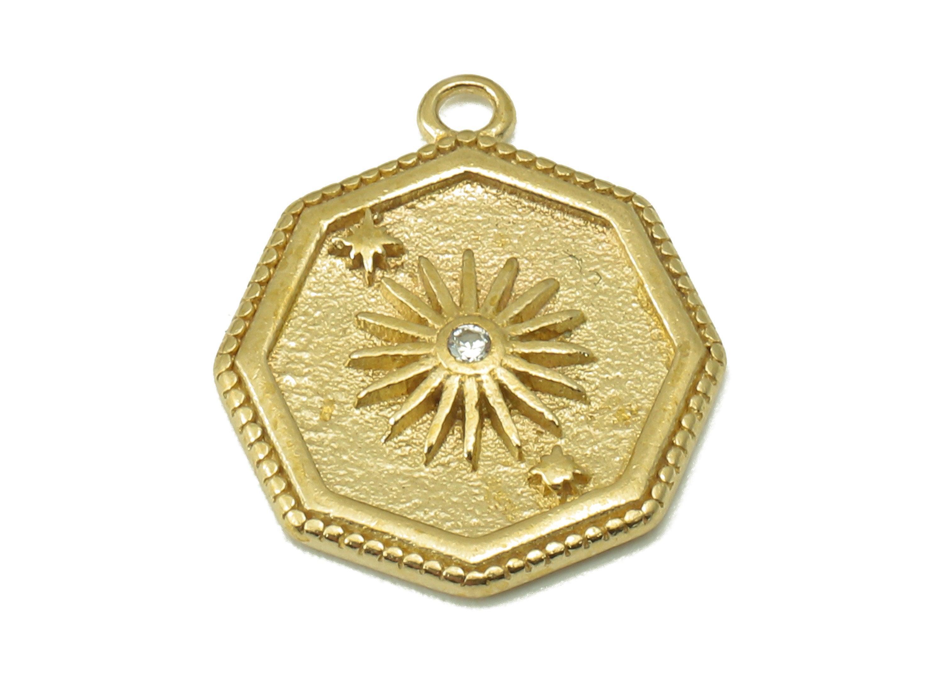 Raw Brass Octagon Zircon Pendant-Raw Brass Octagon Necklace Connector Daisy-Shaped Zircon-Jewelry Making Supplies-17.48x14.29x1.72mm-PP8383 - DOMEDBAZAAR
