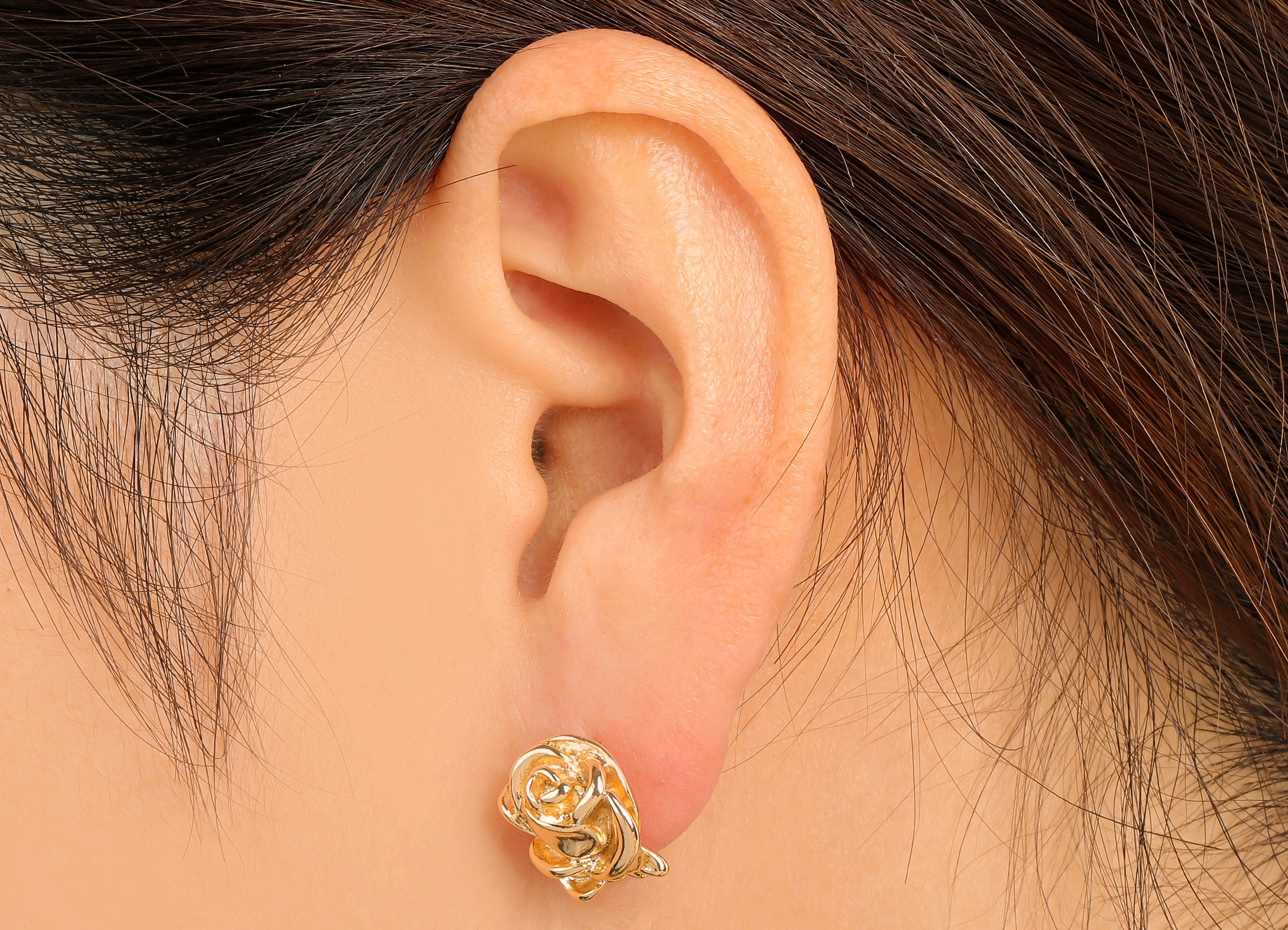 Brass Elegant Rose Earring Stud - Gold Relievo Flower Earring Post with Loop- 18K Real Gold Plated - Earring Findings-14x14x6mm- RGP6181 - DOMEDBAZAAR