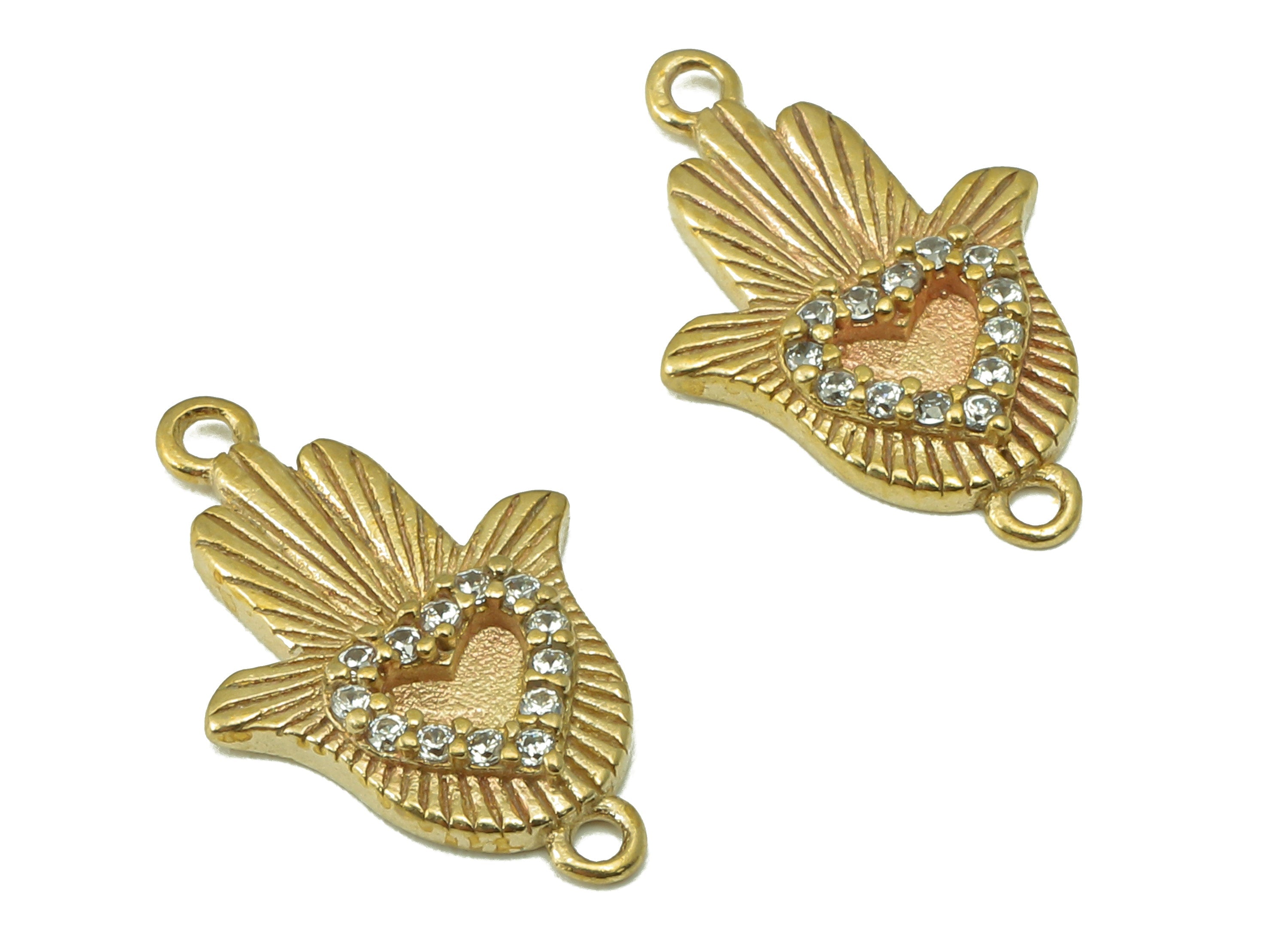 Raw Brass Zircon hamsa Heart Pendant - Raw Brass hamsa Heart Pendant - DIY Jewelry Making Supplies - 18.84 x 11.7 x 2.3mm - PP8391 - DOMEDBAZAAR
