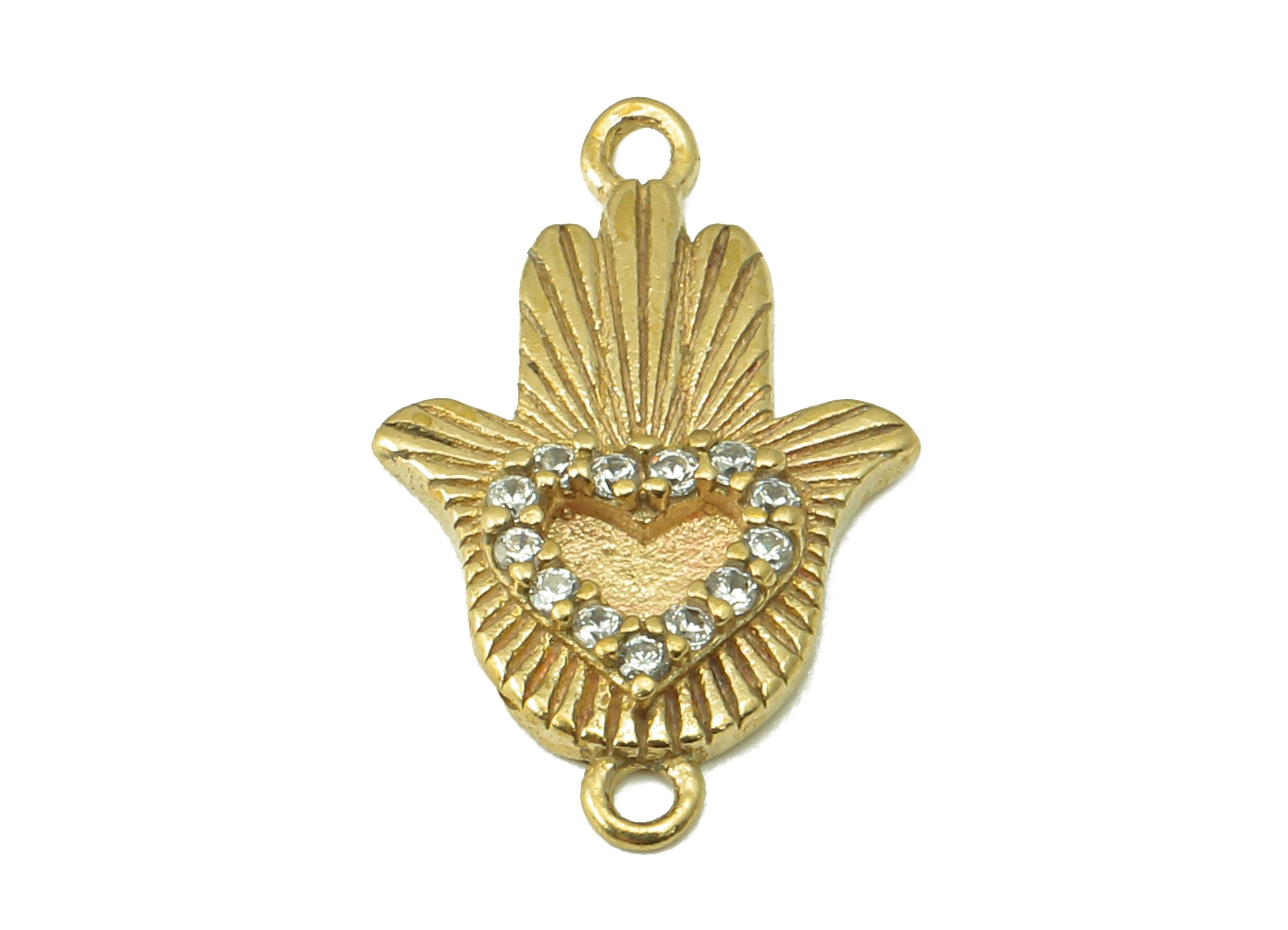 Raw Brass Zircon hamsa Heart Pendant - Raw Brass hamsa Heart Pendant - DIY Jewelry Making Supplies - 18.84 x 11.7 x 2.3mm - PP8391 - DOMEDBAZAAR