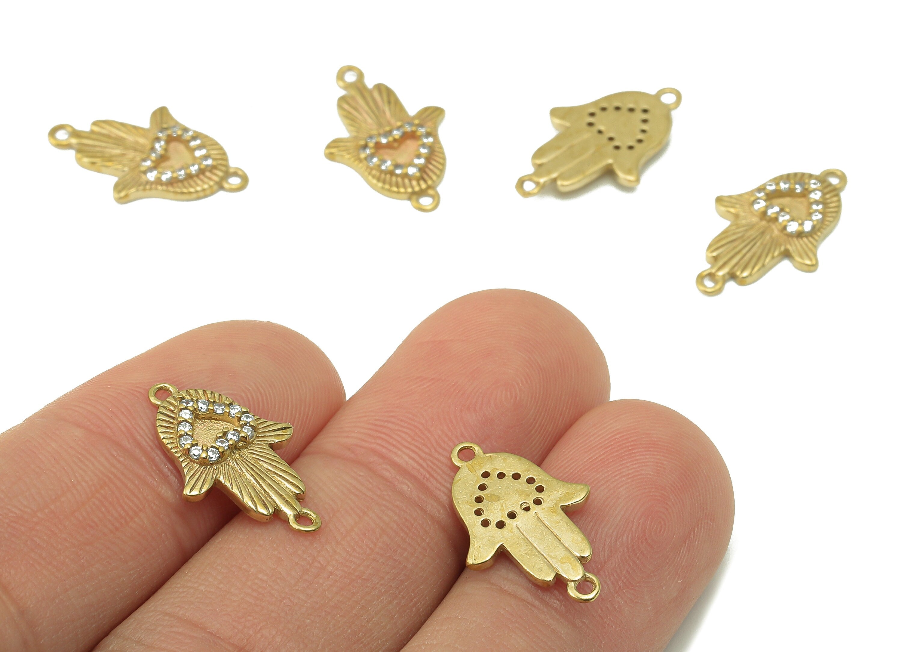 Raw Brass Zircon hamsa Heart Pendant - Raw Brass hamsa Heart Pendant - DIY Jewelry Making Supplies - 18.84 x 11.7 x 2.3mm - PP8391 - DOMEDBAZAAR