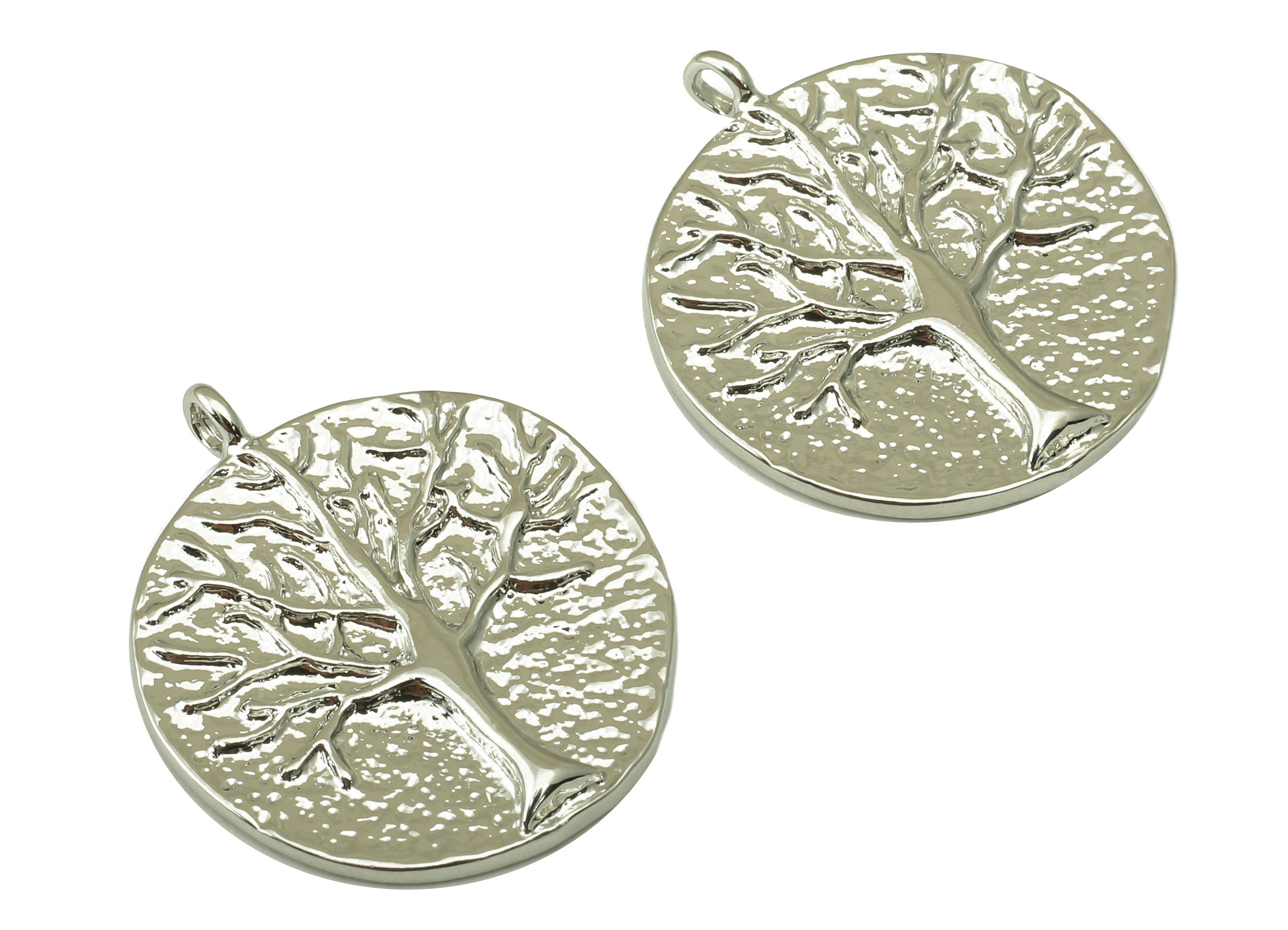 Round Tree Earring-Brass Necklace Pendant-Life Tree Charm Anaglyph Tree Pendant-18k Real White Silver Plated Brass-22.5x18.6x1.51mm-RGP4246S - DOMEDBAZAAR