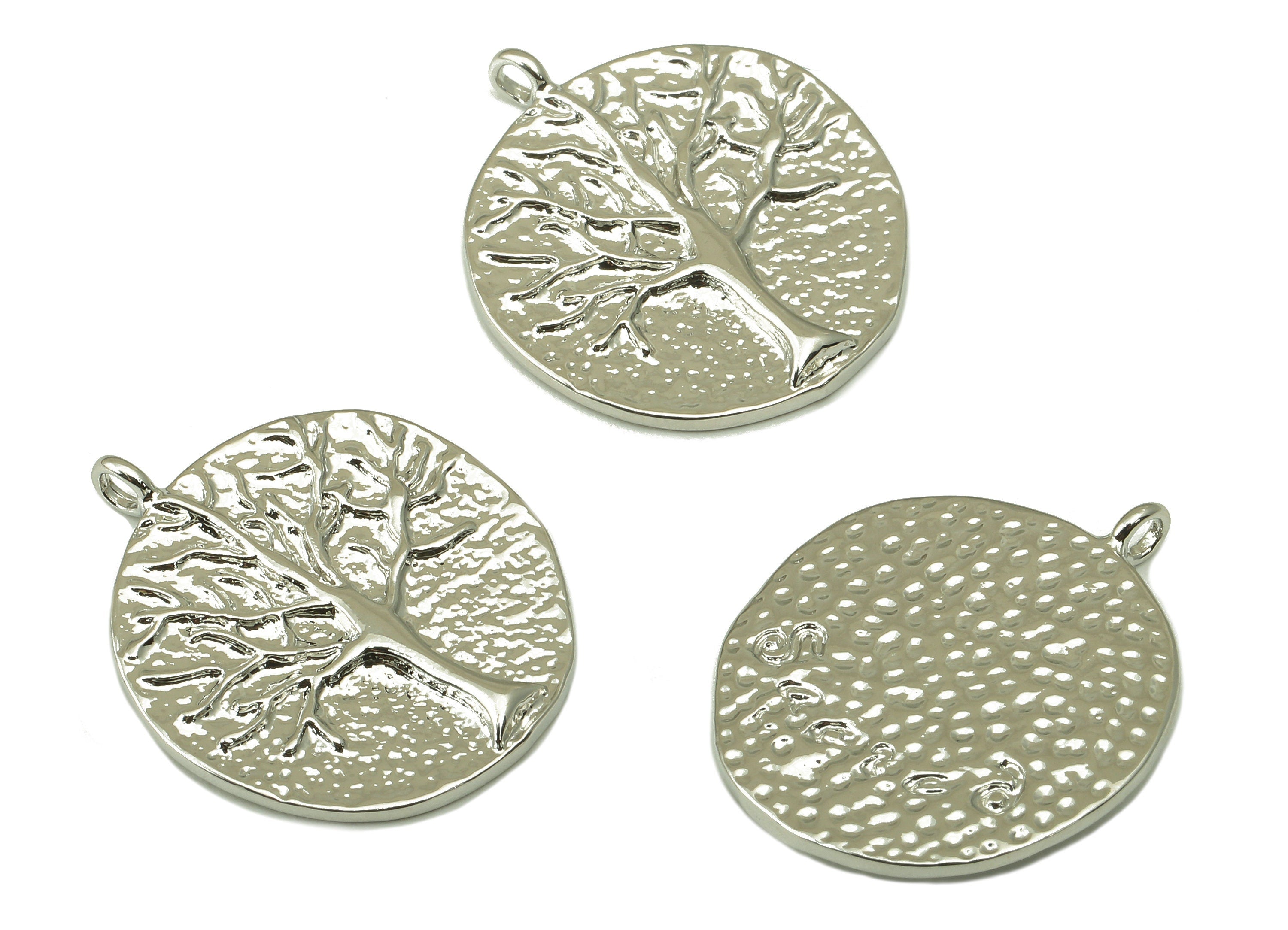 Round Tree Earring-Brass Necklace Pendant-Life Tree Charm Anaglyph Tree Pendant-18k Real White Silver Plated Brass-22.5x18.6x1.51mm-RGP4246S - DOMEDBAZAAR