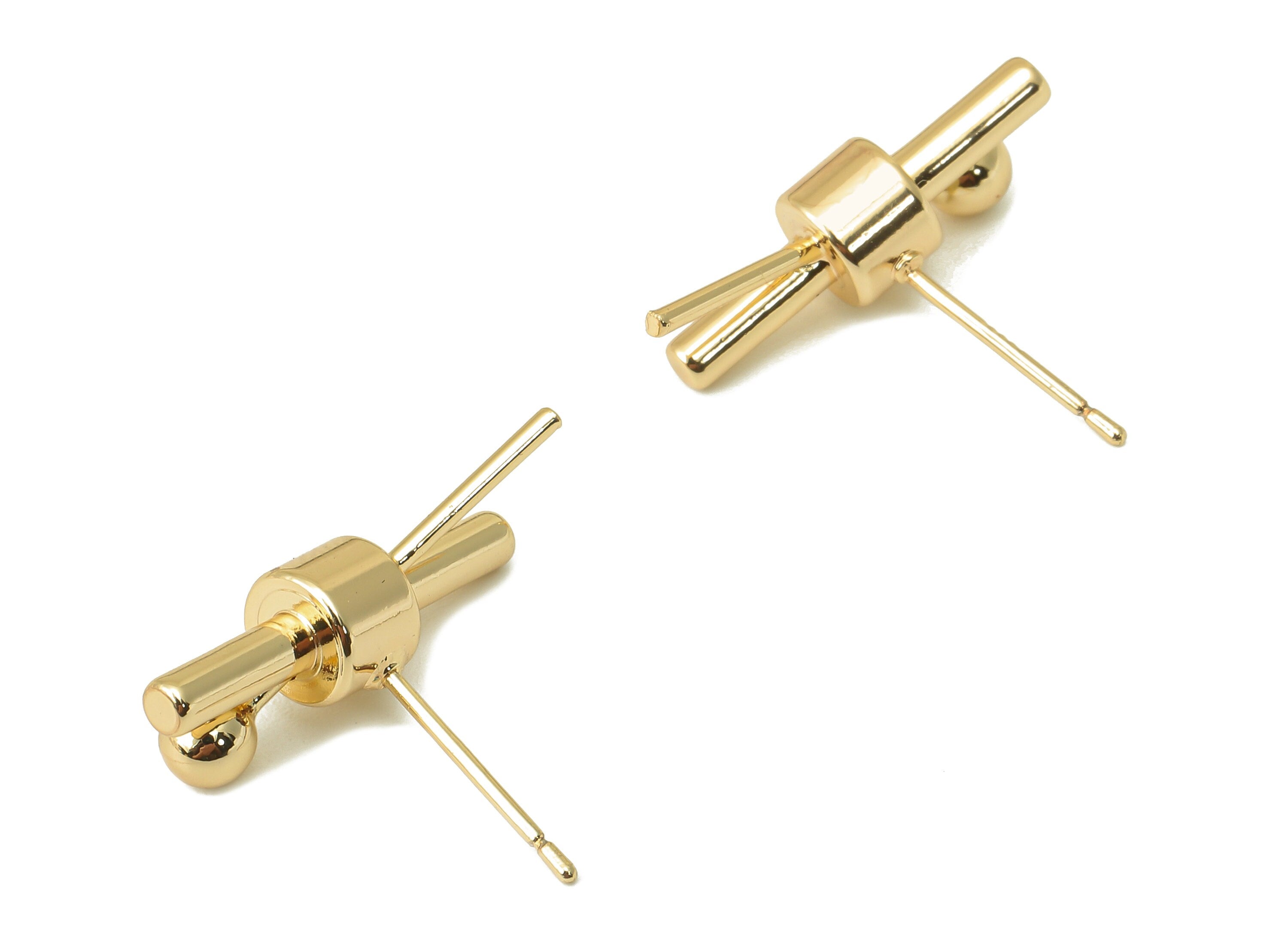 Brass Cross Stud Earring - Brass Mini Ball Earring Post - Earring Post - Pin Stud Earring - 18K Real Gold Plating-20.19x17.56x6.02mm-RGP5942 - DOMEDBAZAAR