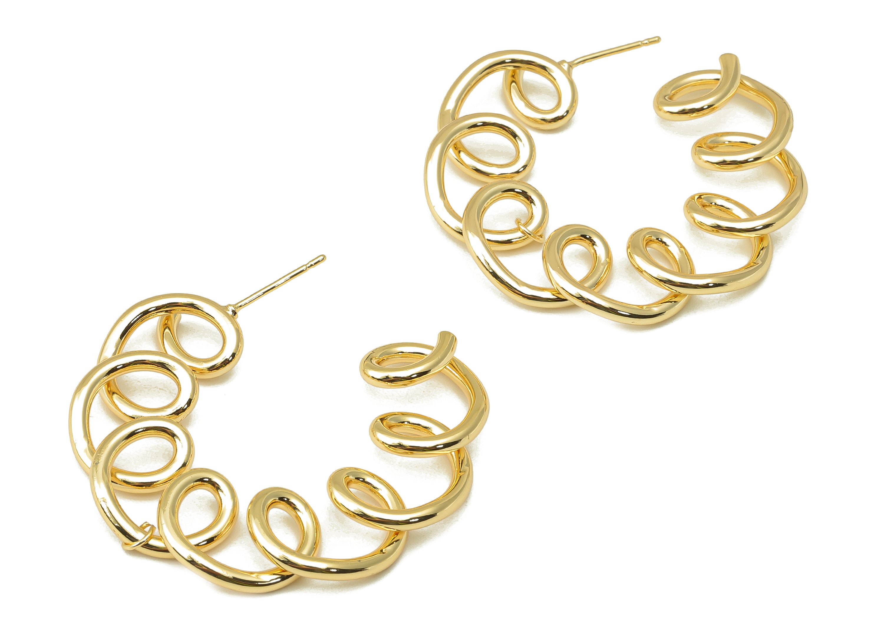 Brass Spring Stud Earring - Brass Spiral Wire Earring - Spiral C Hoop Earring Post - 18K Real Gold Plating-41.48x 39.9x1.98mm-RGP5948 - DOMEDBAZAAR