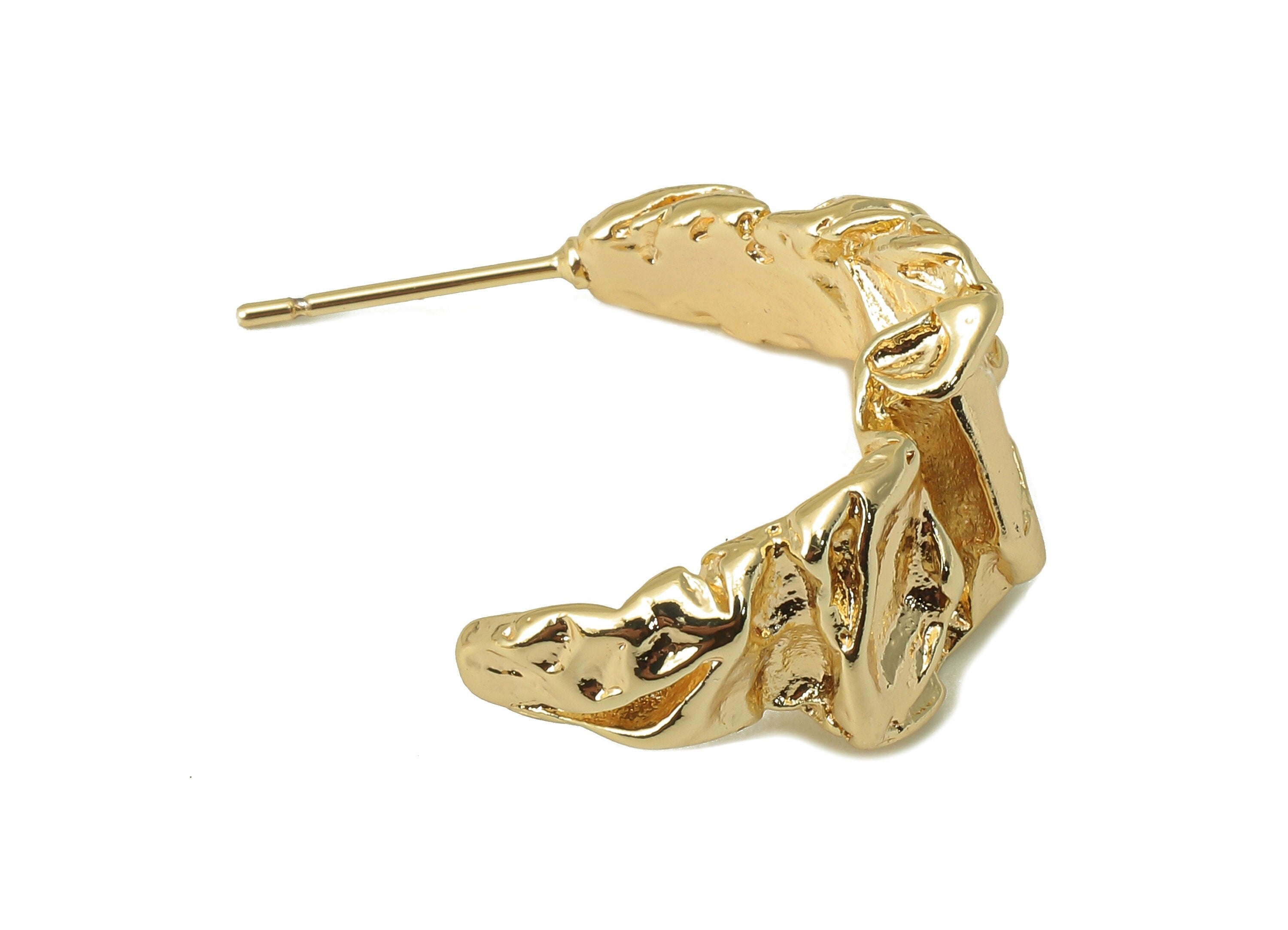 Brass Irregular Stud Earring - Brass C Hoop Open Textured Earring - Open Hoop Earring Post - 18K Real Gold Plating-26.6x 10.46x4.8mm-RGP5949 - DOMEDBAZAAR