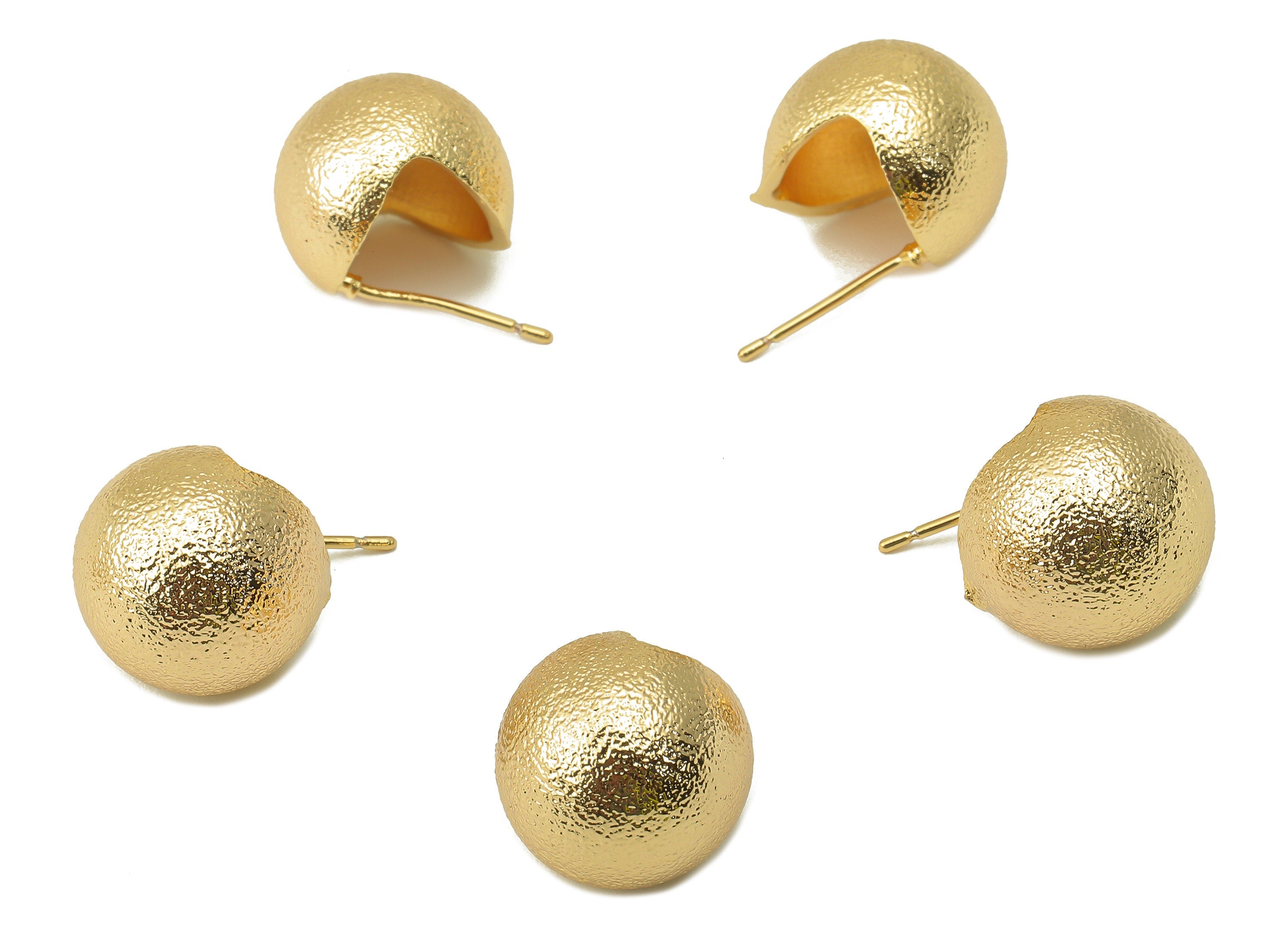 Brass Three Quarter Ball Stud Earring - Brass Ball Earring - Textured Ball Stud Earring - 18K Real Gold Plating-21.01x 14.04x 1.45mm-RGP5951 - DOMEDBAZAAR