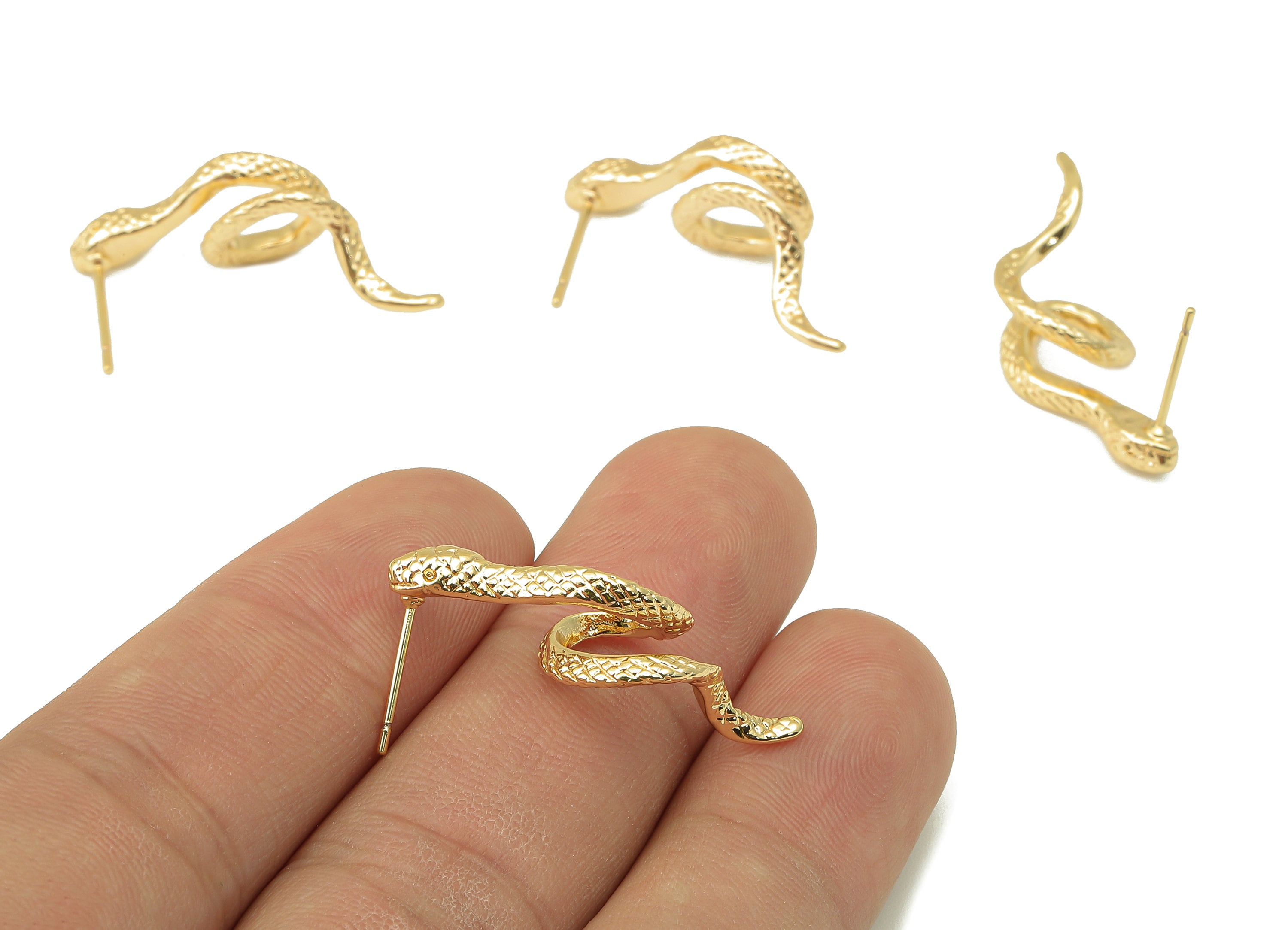 Brass Snake Stud Earring - Brass Dainty Snake Earring Post- Snake Earring Stud - Steel Stud-18K Real Gold Plating-29.77x11.55x 2.2mm-RGP5953 - DOMEDBAZAAR