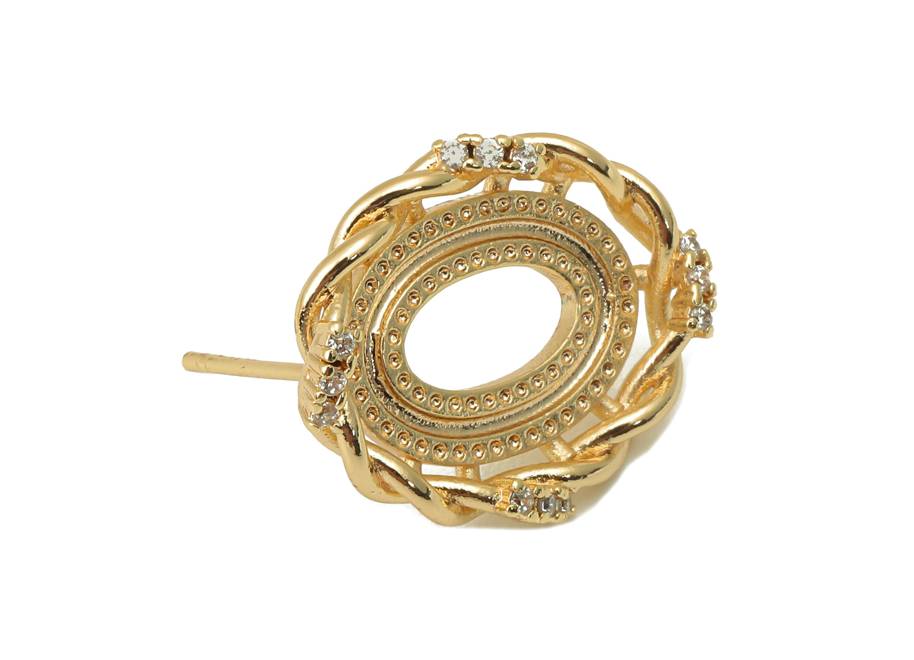 Brass Round Earring - Brass CZ Twisted Chain Earring Post-Cubic Zirconia Earring Stud - 18K Real Gold Plating-19.5x 15.64x 2.92mm-RGP5967 - DOMEDBAZAAR