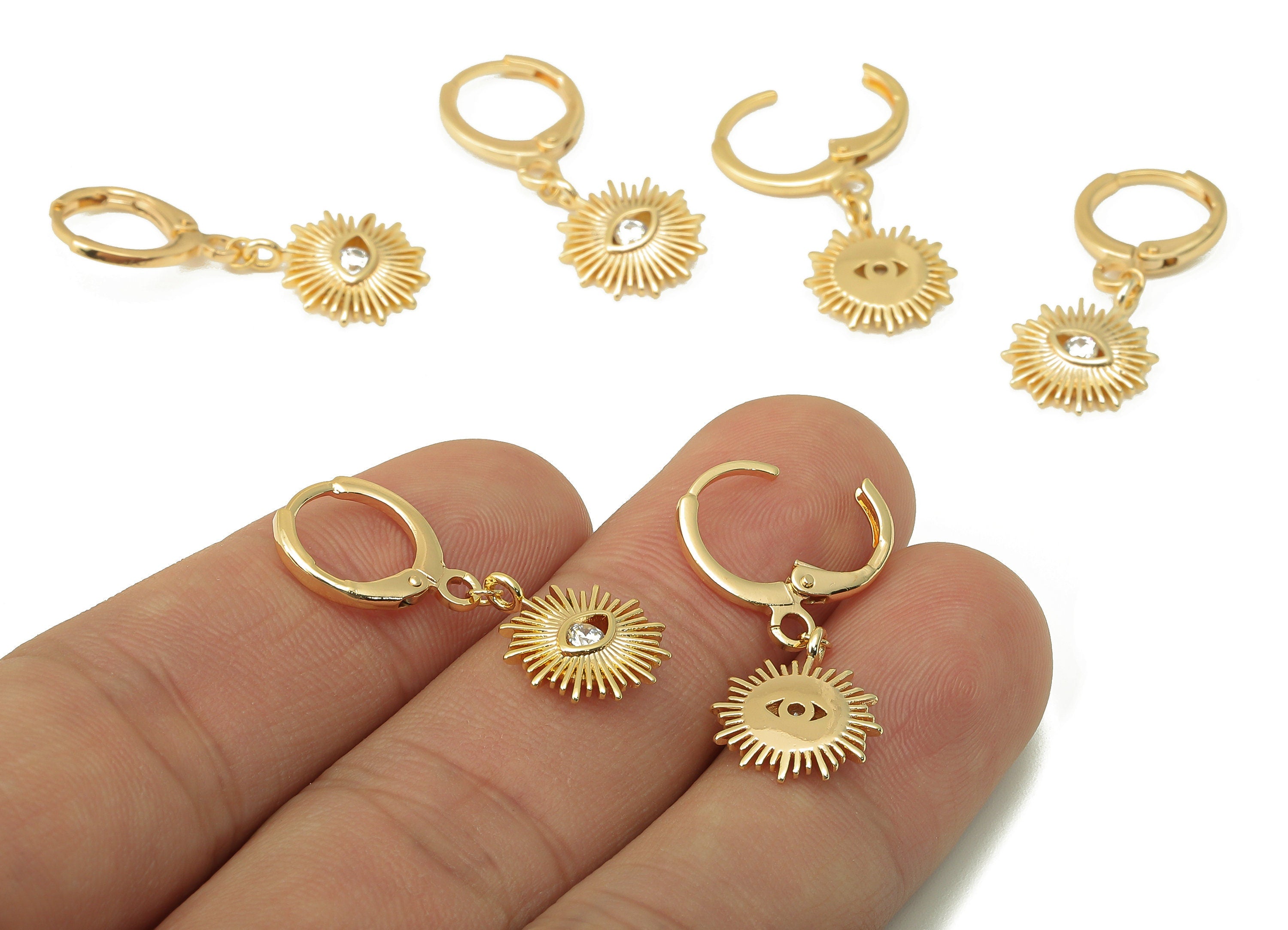 Brass Clasp Earring - Brass CZ Eye Clasp Hoop Earring-Cubic Zirconia Huugie Hoop Earring- 18K Real Gold Plating-29.47x 11.46x 2.08mm-RGP5980 - DOMEDBAZAAR