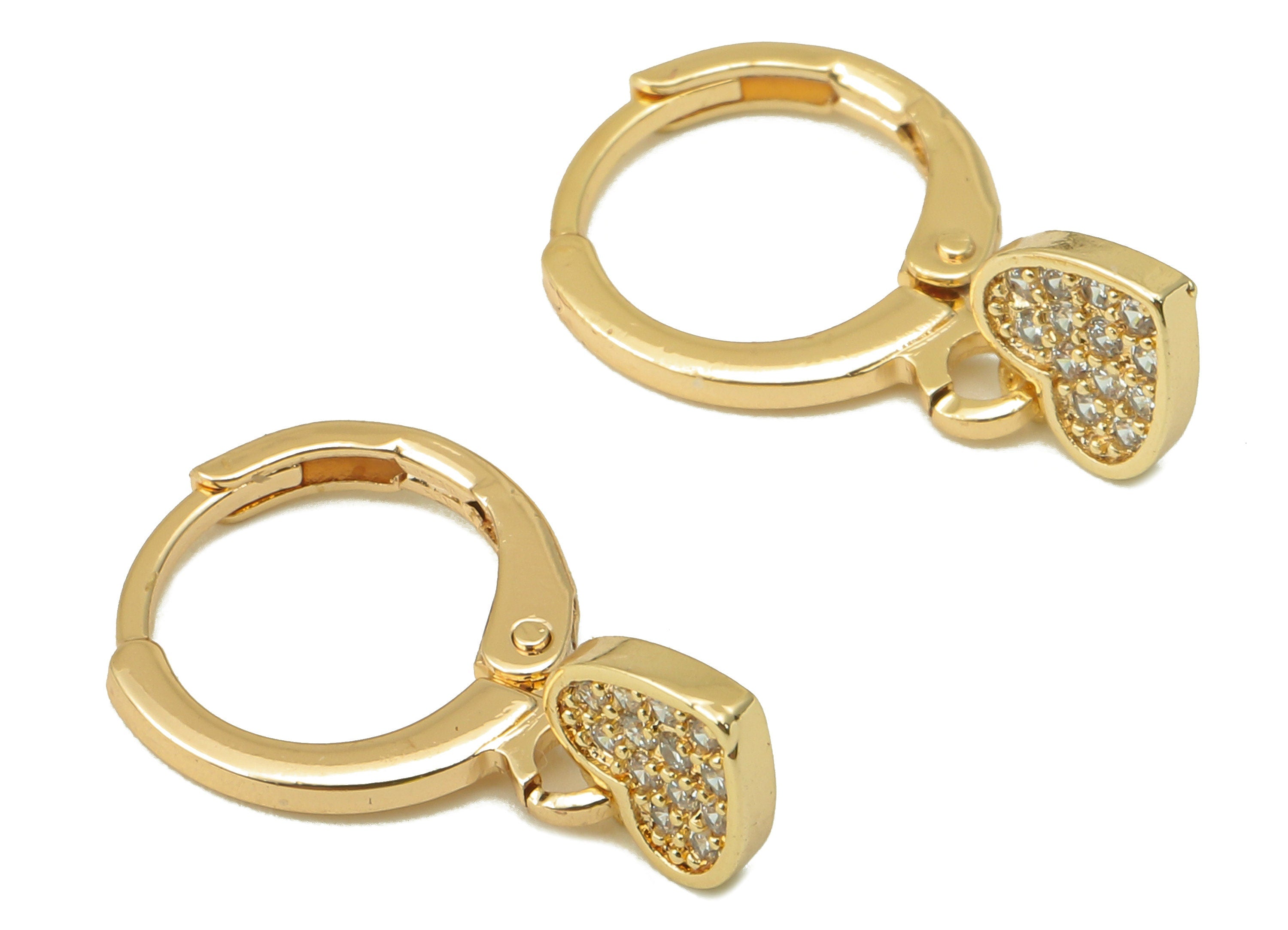 Brass Clasp Earring - Brass CZ Heart Clasp Hoop Earring-Cubic Zirconia Huugie Hoop Earring-18K Real Gold Plating-20.86x11.29x 1.76mm-RGP5981 - DOMEDBAZAAR