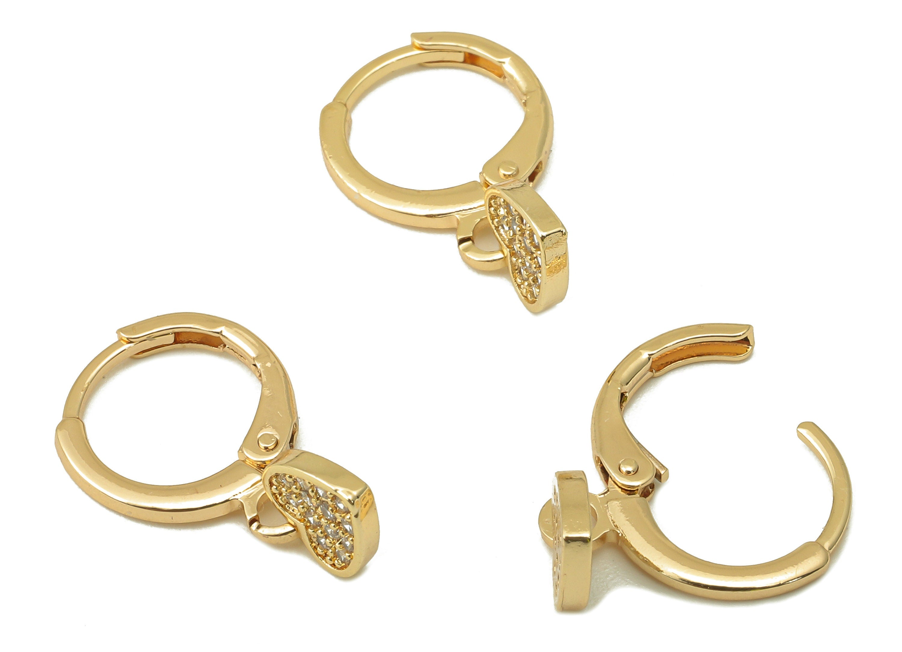 Brass Clasp Earring - Brass CZ Heart Clasp Hoop Earring-Cubic Zirconia Huugie Hoop Earring-18K Real Gold Plating-20.86x11.29x 1.76mm-RGP5981 - DOMEDBAZAAR