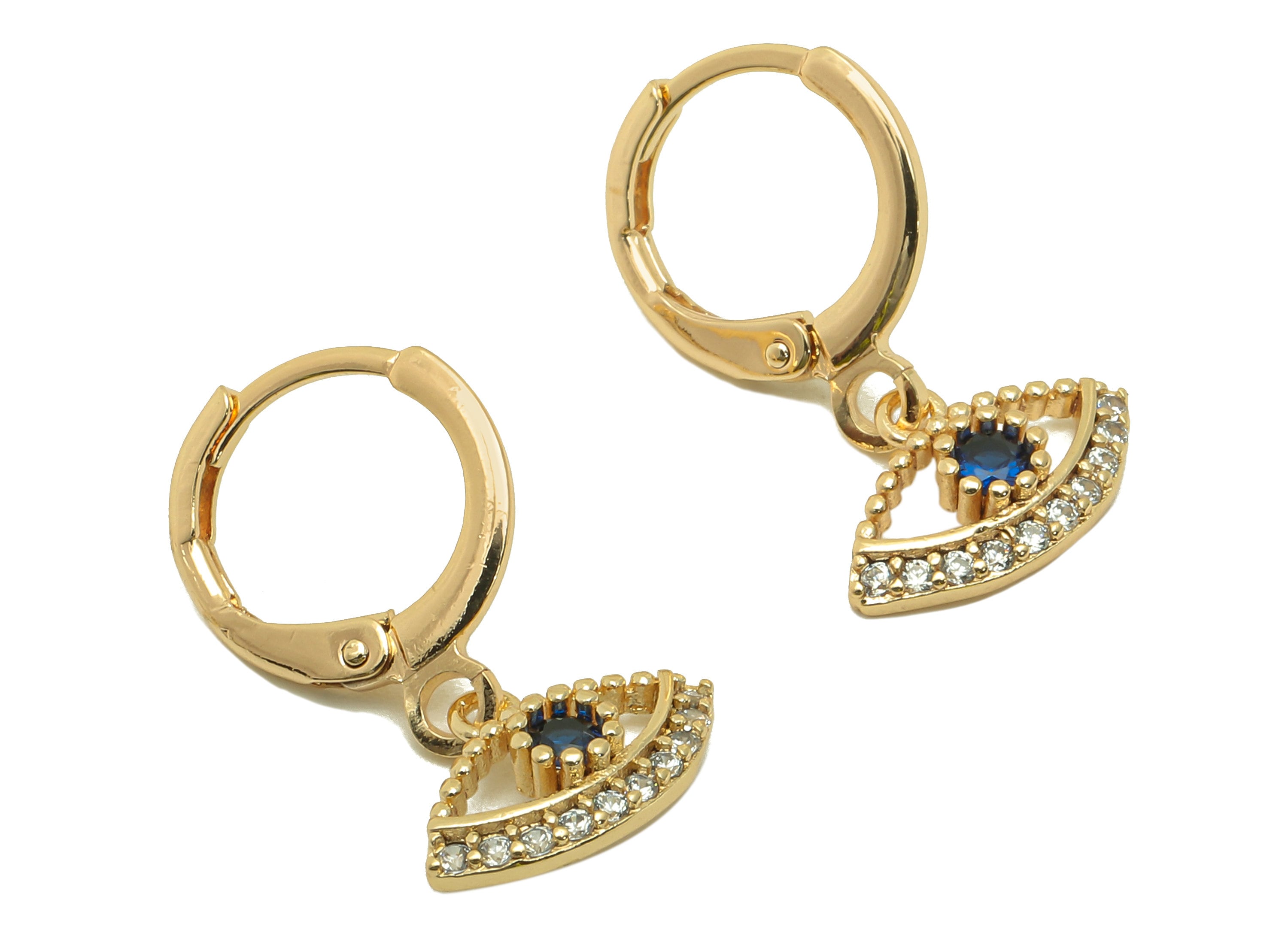 Brass Clasp Earring - Brass Hollow CZ Eye Clasp Hoop Earring-Cubic Zirconia Huugie Earring-18K Real Gold Plating-21.64x 11.41x3.32mm-RGP5982 - DOMEDBAZAAR