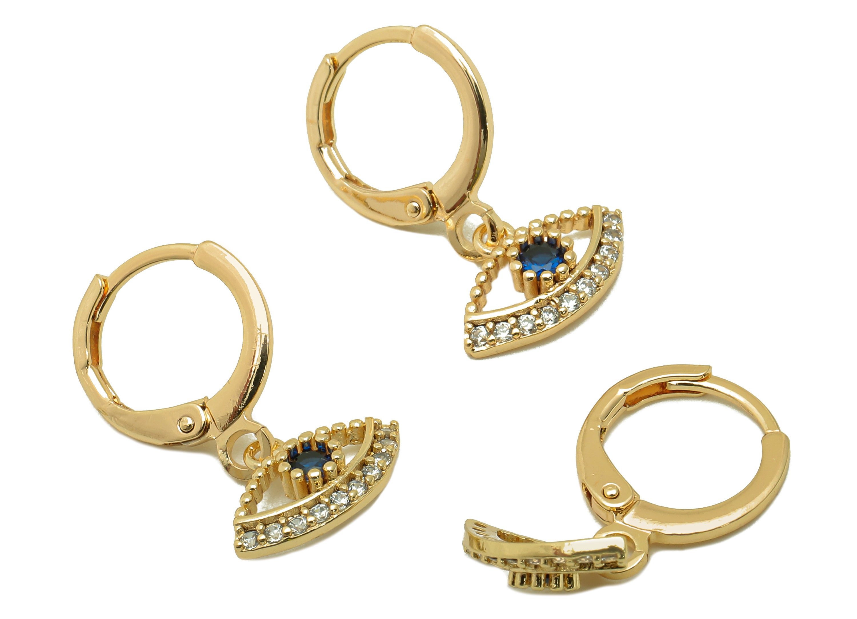 Brass Clasp Earring - Brass Hollow CZ Eye Clasp Hoop Earring-Cubic Zirconia Huugie Earring-18K Real Gold Plating-21.64x 11.41x3.32mm-RGP5982 - DOMEDBAZAAR