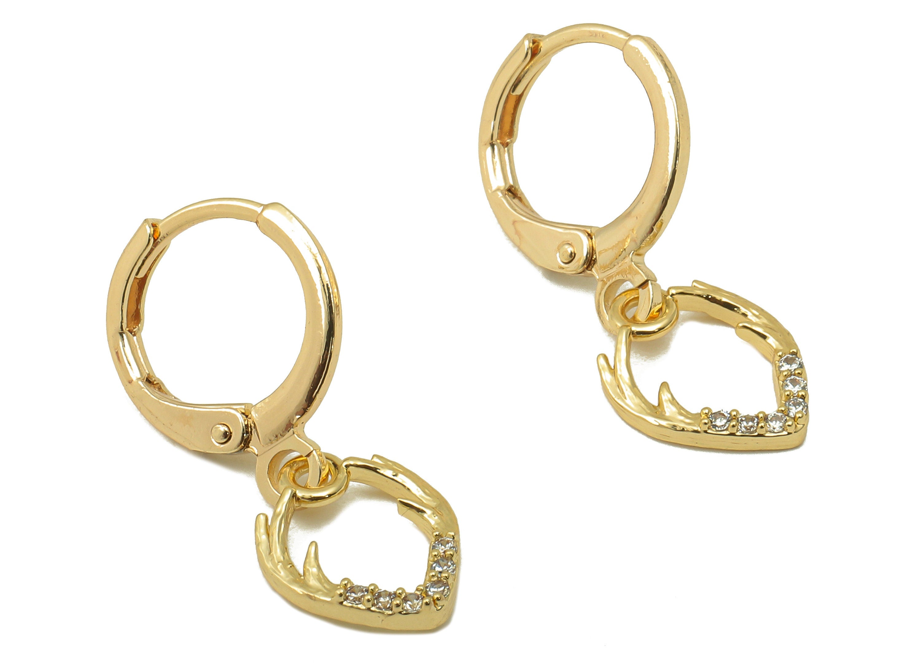 Brass Clasp Earring - Brass Tree Bud CZ Clasp Hoop Earring-Cubic Zirconia Huugie Earring-18K Real Gold Plating-24.62x 11.39x 1.83mm-RGP5983 - DOMEDBAZAAR