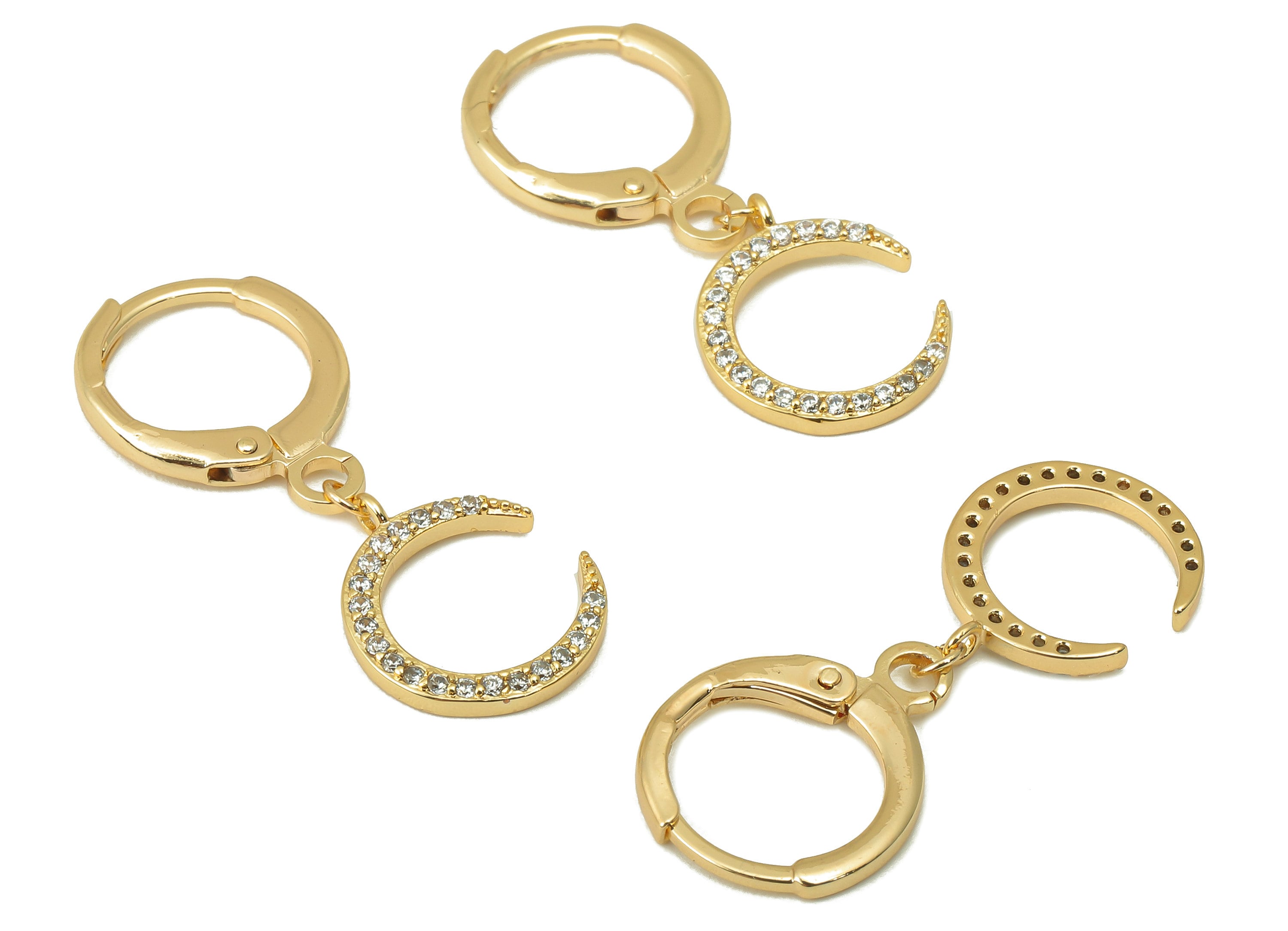 Brass Clasp Earring -Brass Crescent CZ Clasp Hoop Earring-Moon Cubic Zirconia Huugie Earring-18K Real Gold Plating-27.96x11.42x1.6mm-RGP5985 - DOMEDBAZAAR