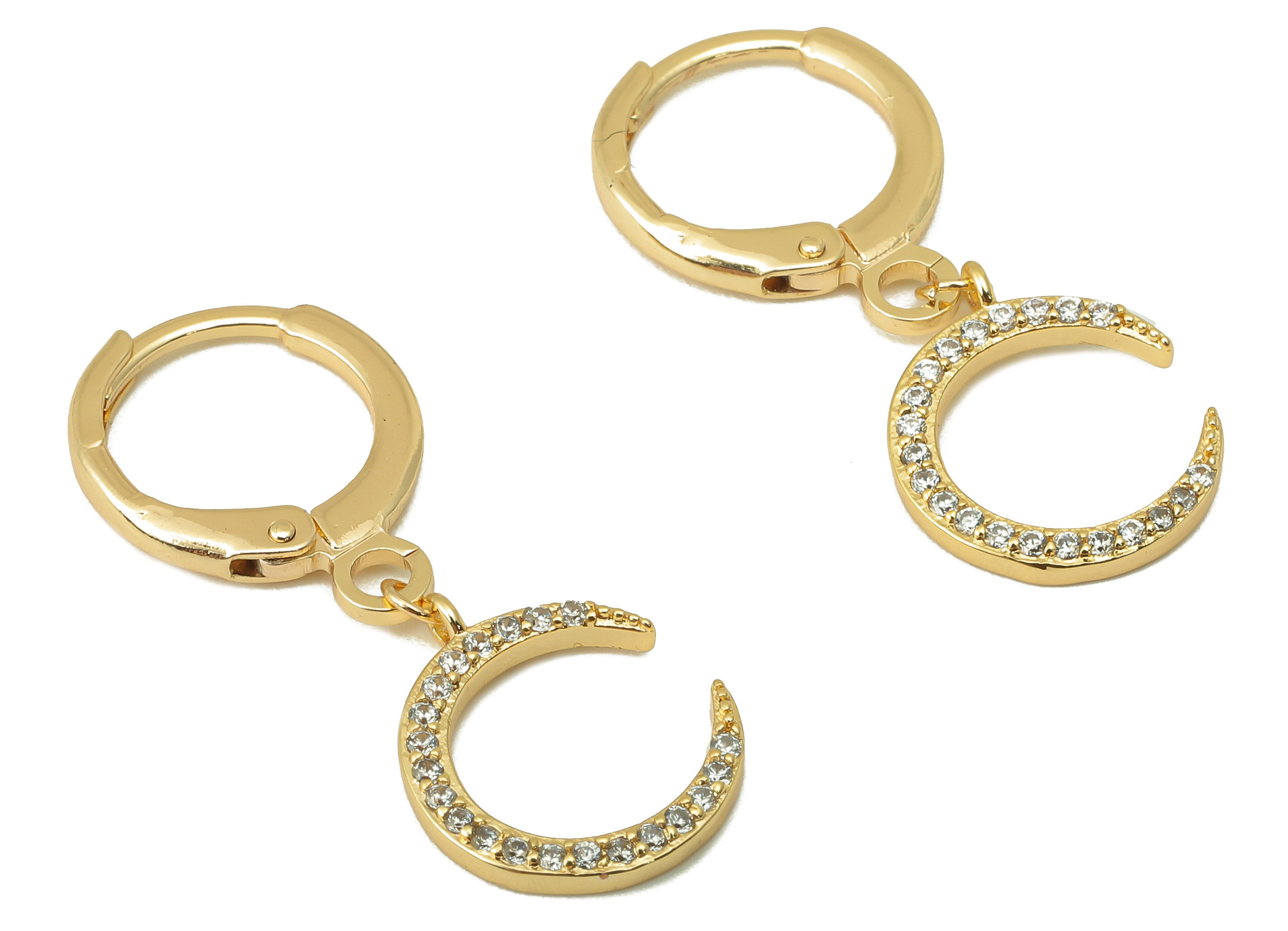 Brass Clasp Earring -Brass Crescent CZ Clasp Hoop Earring-Moon Cubic Zirconia Huugie Earring-18K Real Gold Plating-27.96x11.42x1.6mm-RGP5985 - DOMEDBAZAAR