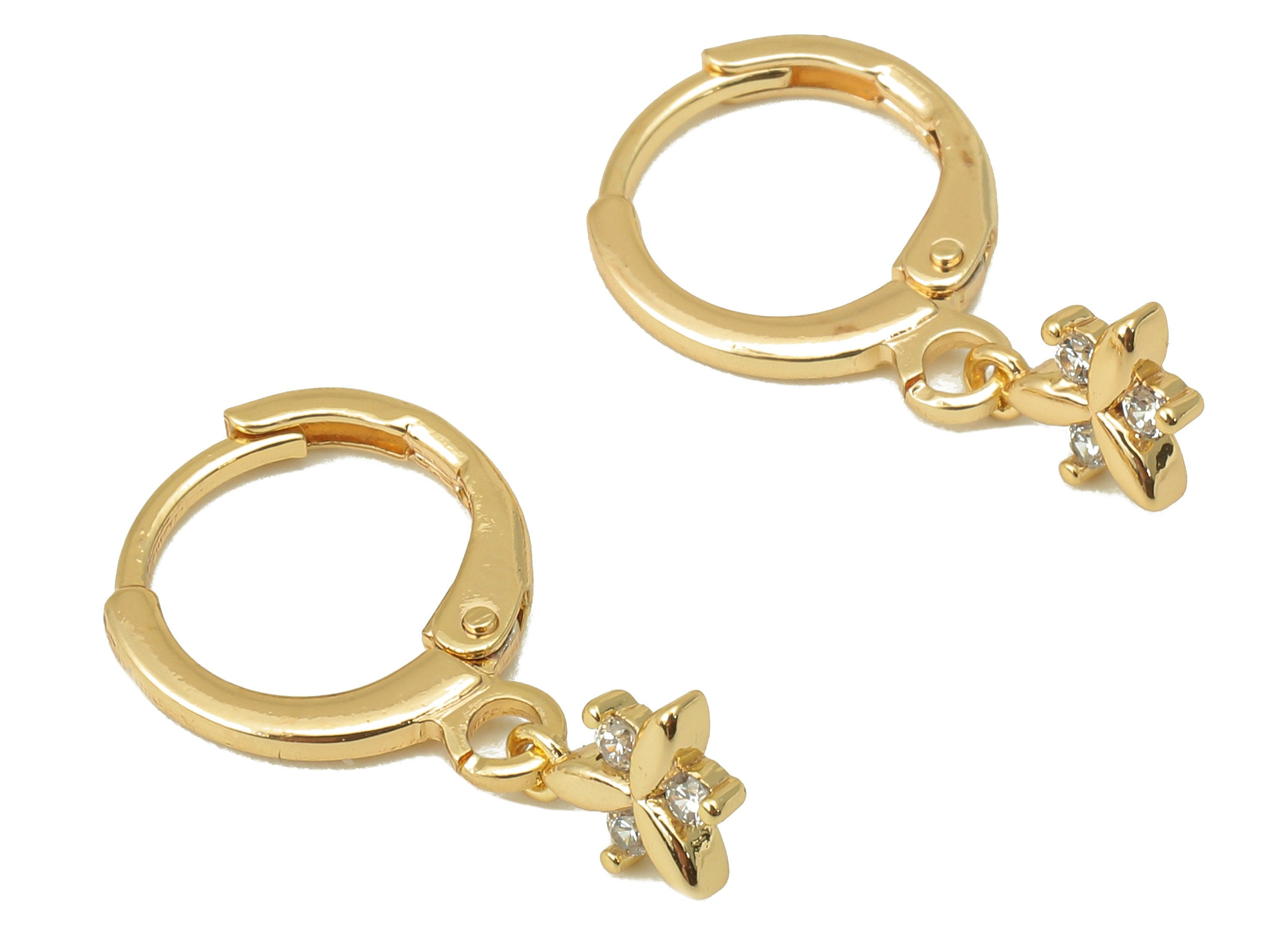 Brass Clasp Earring - Brass Flower CZ Clasp Hoop Earring- Leaf Cubic Zirconia Huugie Earring-18K Real Gold Plating-21.28x11.9x1.73mm-RGP5986 - DOMEDBAZAAR