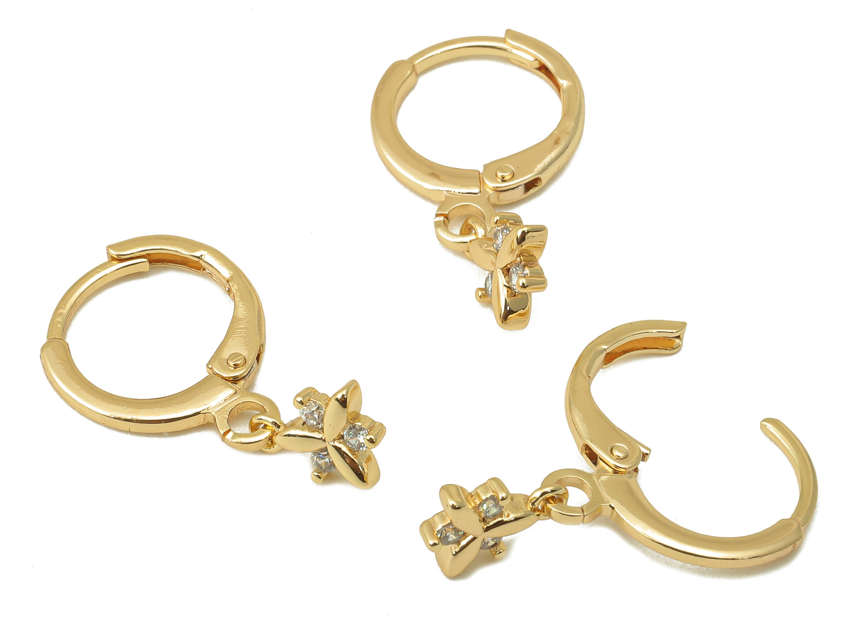Brass Clasp Earring - Brass Flower CZ Clasp Hoop Earring- Leaf Cubic Zirconia Huugie Earring-18K Real Gold Plating-21.28x11.9x1.73mm-RGP5986 - DOMEDBAZAAR