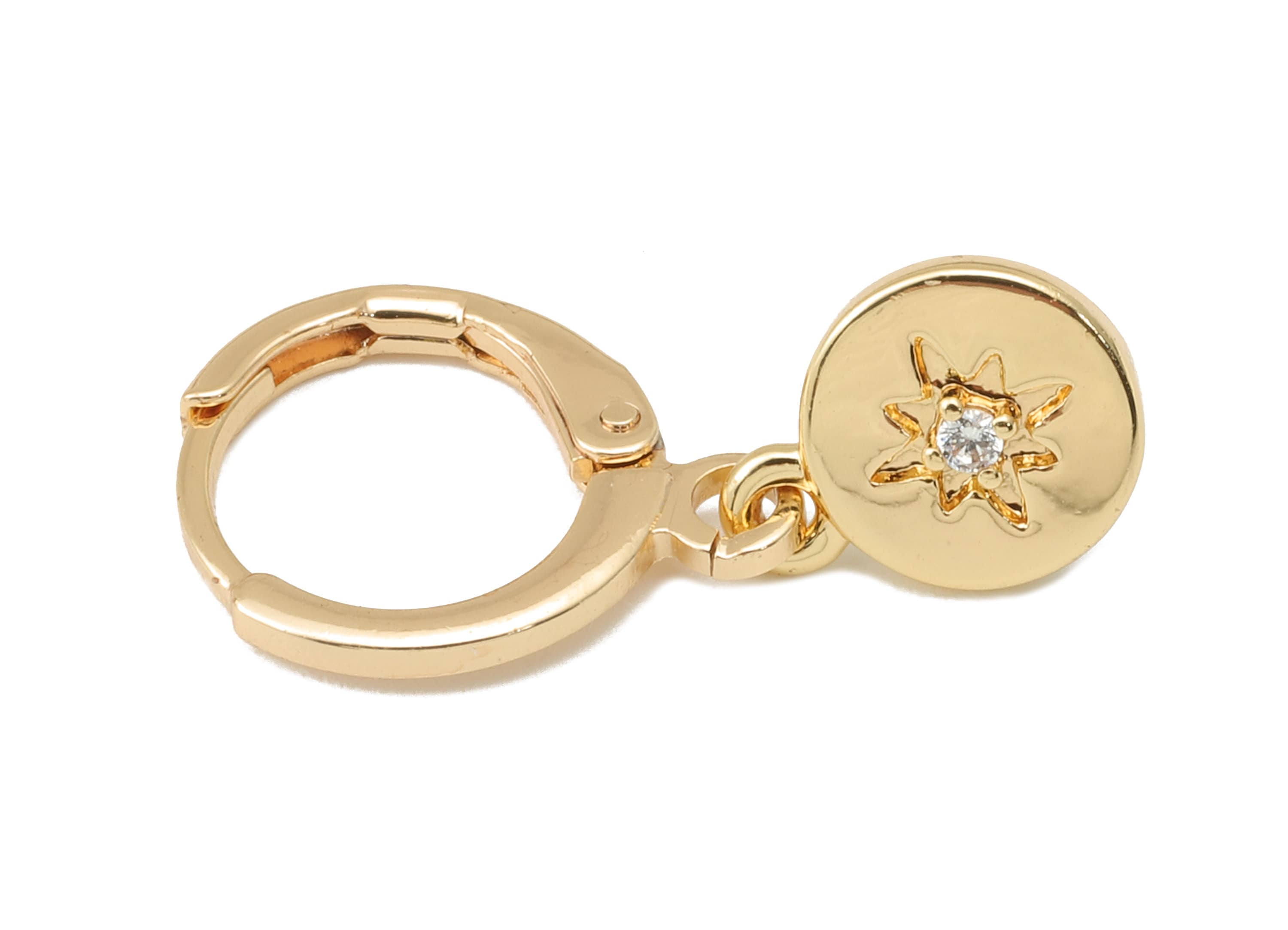 Brass Clasp Earring - Brass North Star CZ Clasp Hoop Earring- Cubic Zirconia Huugie Earring-18K Real Gold Plating-23.36x11.37x1.52mm-RGP5987 - DOMEDBAZAAR