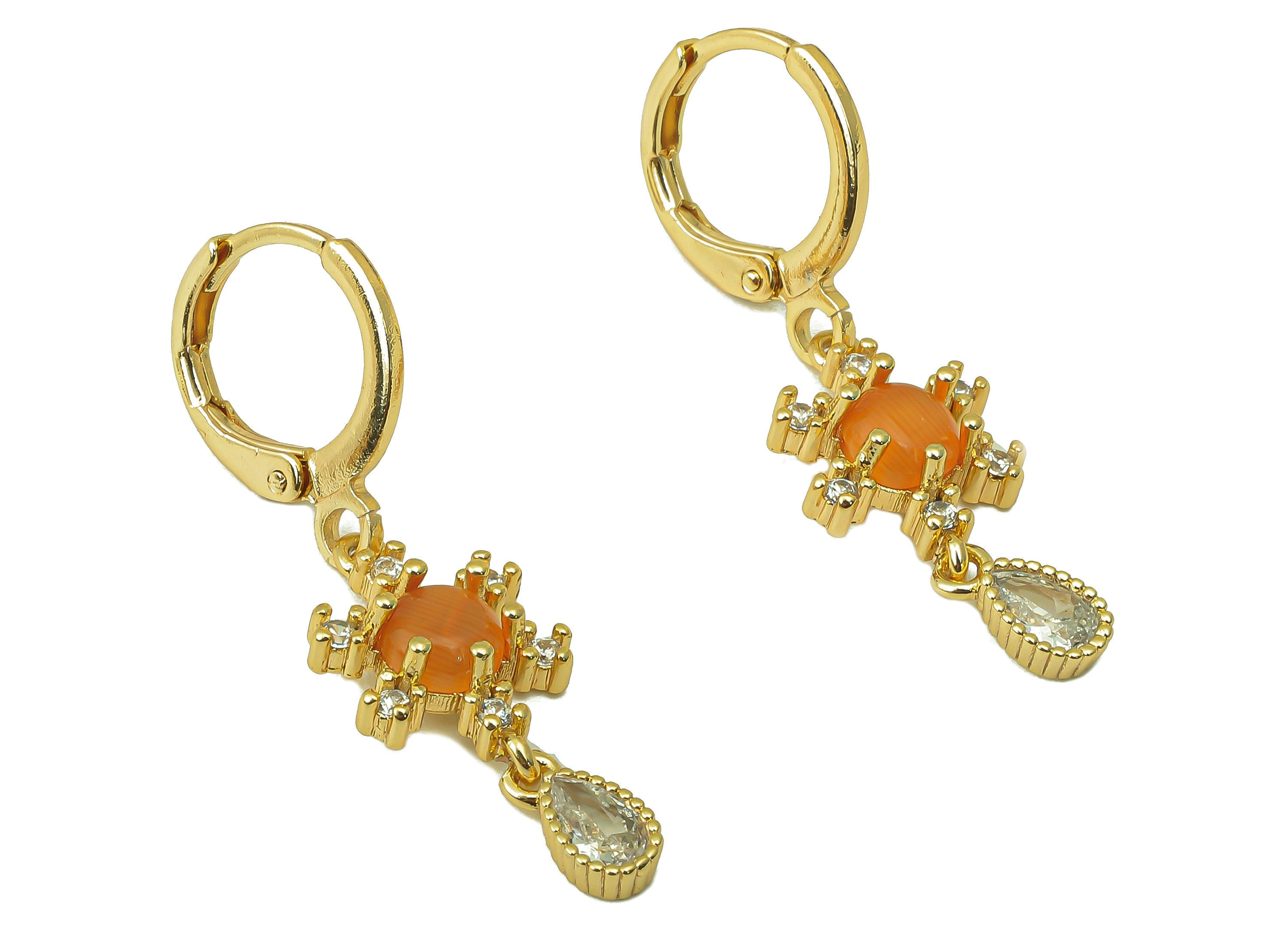 Brass Snowflake Hoop Earring - Drop Huggie Hoop - Orange Zirconia Cubic Clasp Hoop Earring -18K Real Gold Plating-33.85x11.19x3.8mm-RGP5990 - DOMEDBAZAAR
