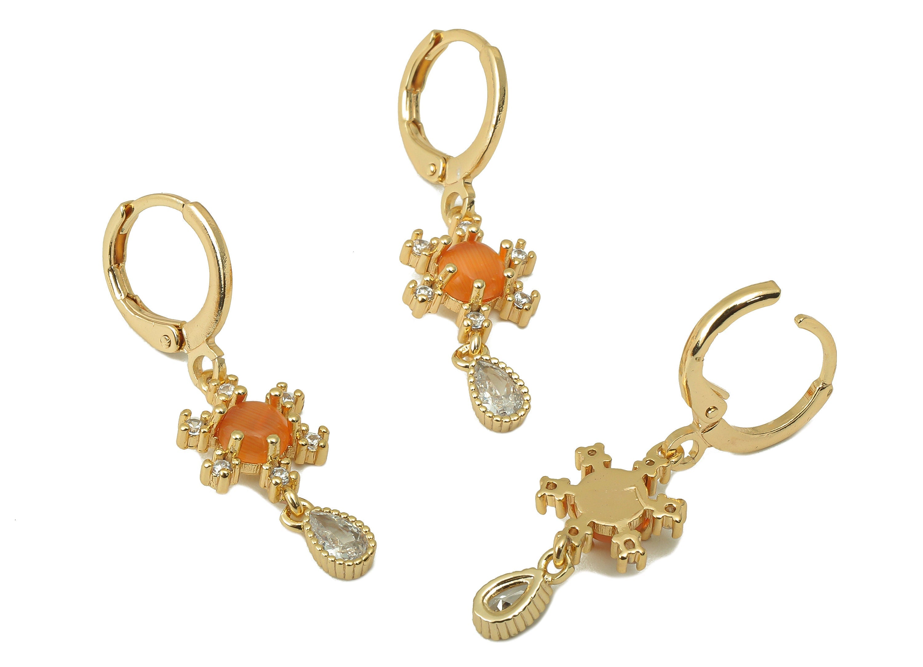 Brass Snowflake Hoop Earring - Drop Huggie Hoop - Orange Zirconia Cubic Clasp Hoop Earring -18K Real Gold Plating-33.85x11.19x3.8mm-RGP5990 - DOMEDBAZAAR