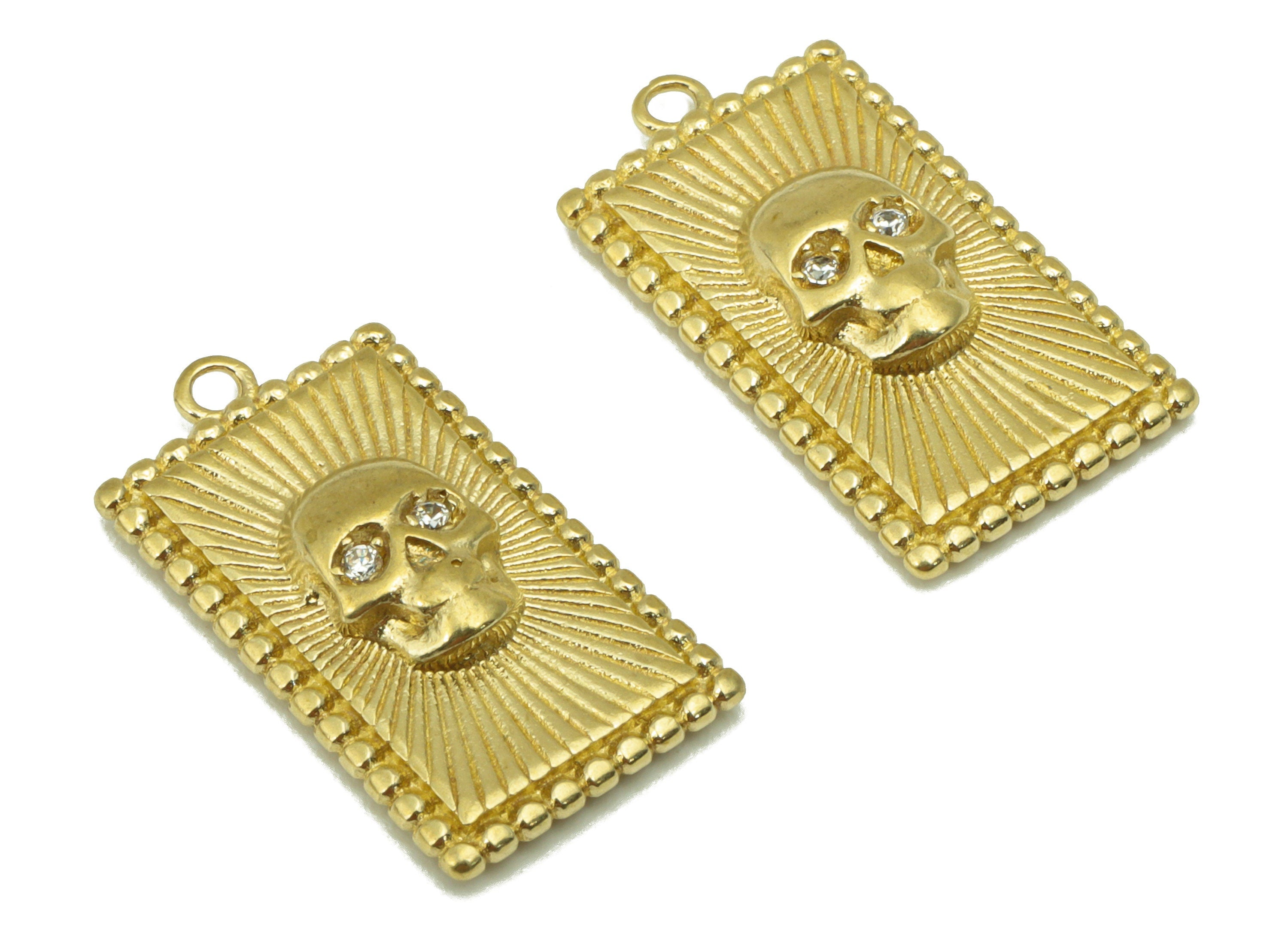 Brass Rectangle Skull Pendant - Textured Brass  - Cubic Zircon - Jewelry Supplies -21.1 x 11.3 x 3.6mm-PP8463 - DOMEDBAZAAR