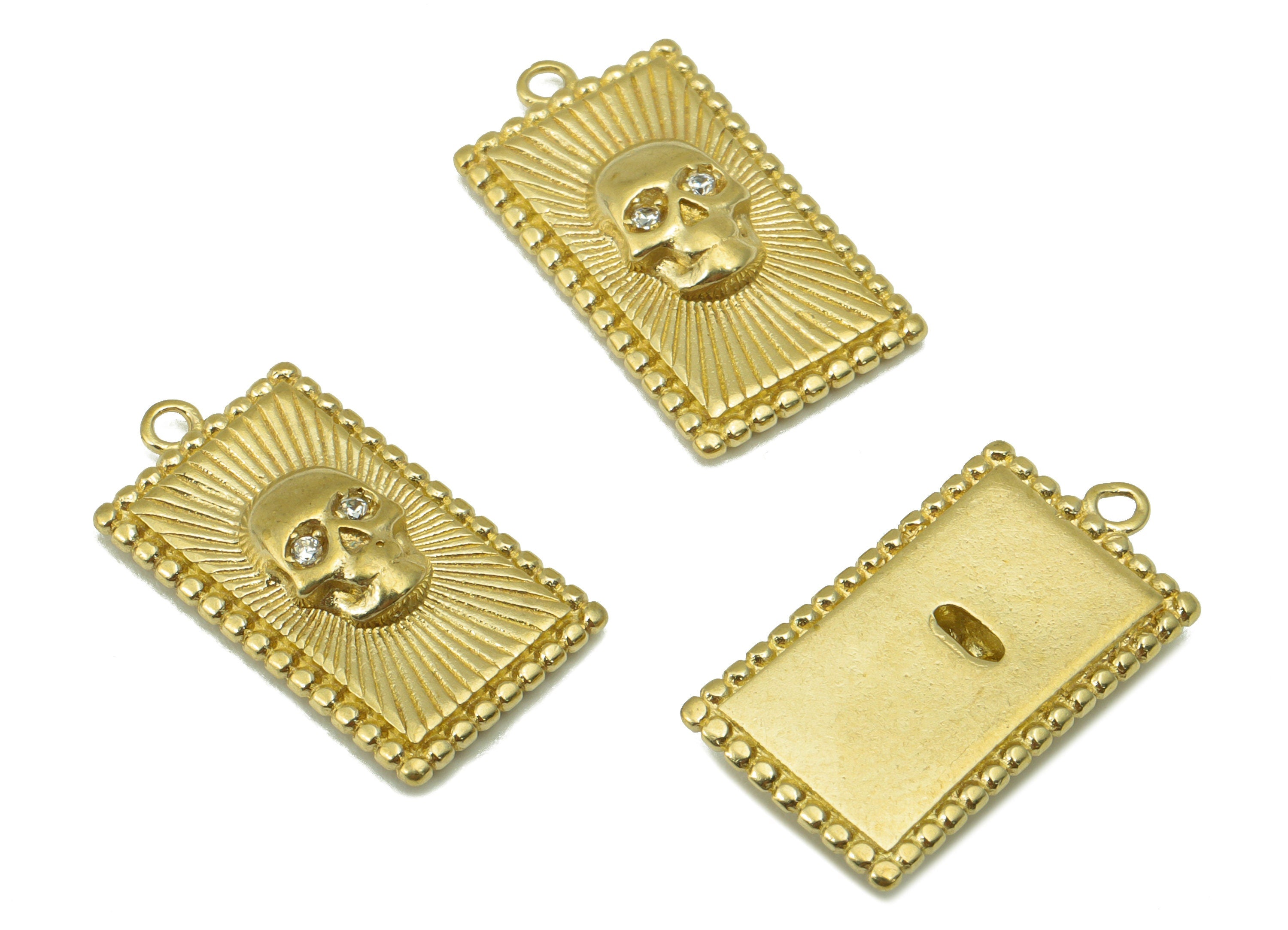 Brass Rectangle Skull Pendant - Textured Brass  - Cubic Zircon - Jewelry Supplies -21.1 x 11.3 x 3.6mm-PP8463 - DOMEDBAZAAR