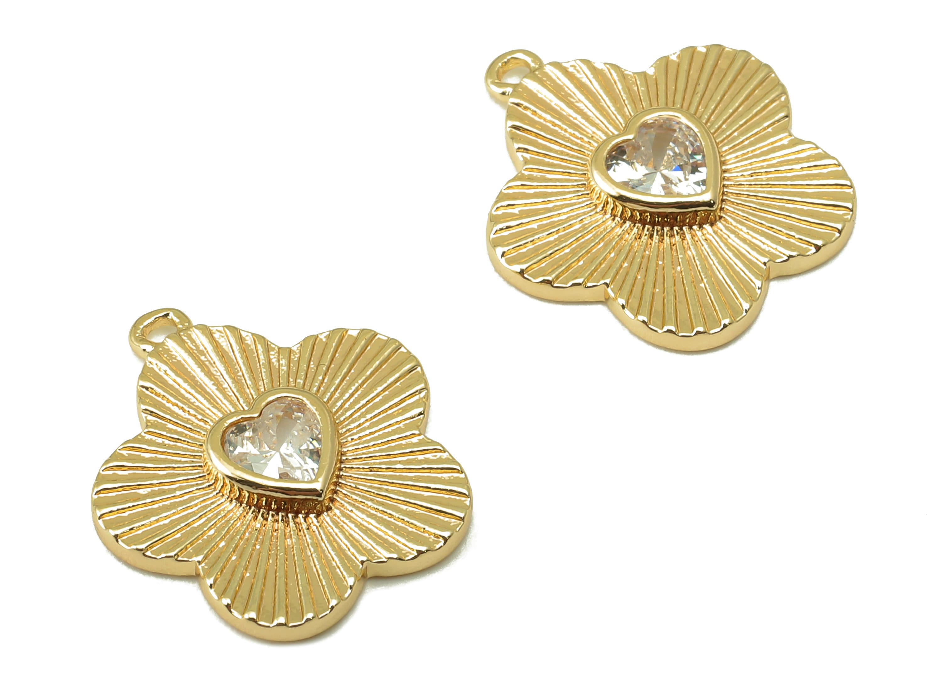 Brass Flower Zircon Charm-Brass Flower Pendant-Flower Zircon Nacklace-Heart Zircon Pendant -Jewelry Supplies-15.55x 12.37x 1.53mm-RGP6134 - DOMEDBAZAAR
