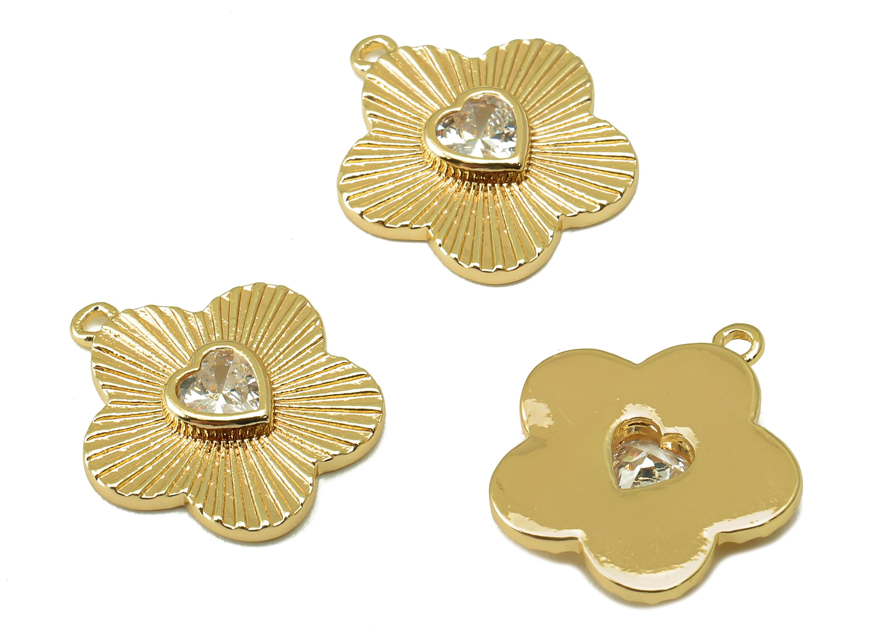 Brass Flower Zircon Charm-Brass Flower Pendant-Flower Zircon Nacklace-Heart Zircon Pendant -Jewelry Supplies-15.55x 12.37x 1.53mm-RGP6134 - DOMEDBAZAAR