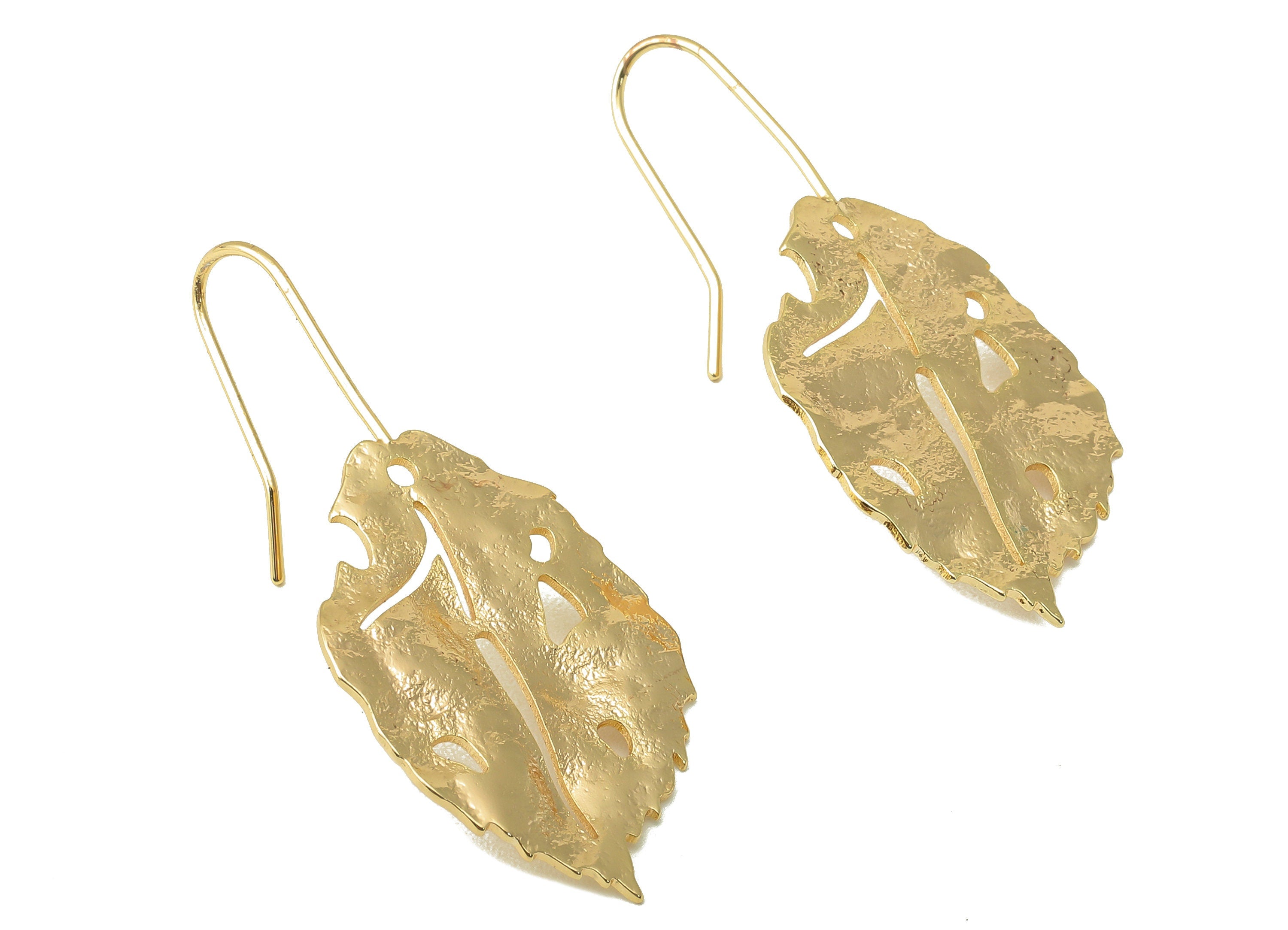 Brass Wires Betula Earring - Brass Leaf Hook Earring-Brass Textured Botanical Earring-18K Real Gold Plating-41.6x 19.01 x 0.92mm-RGP5998 - DOMEDBAZAAR