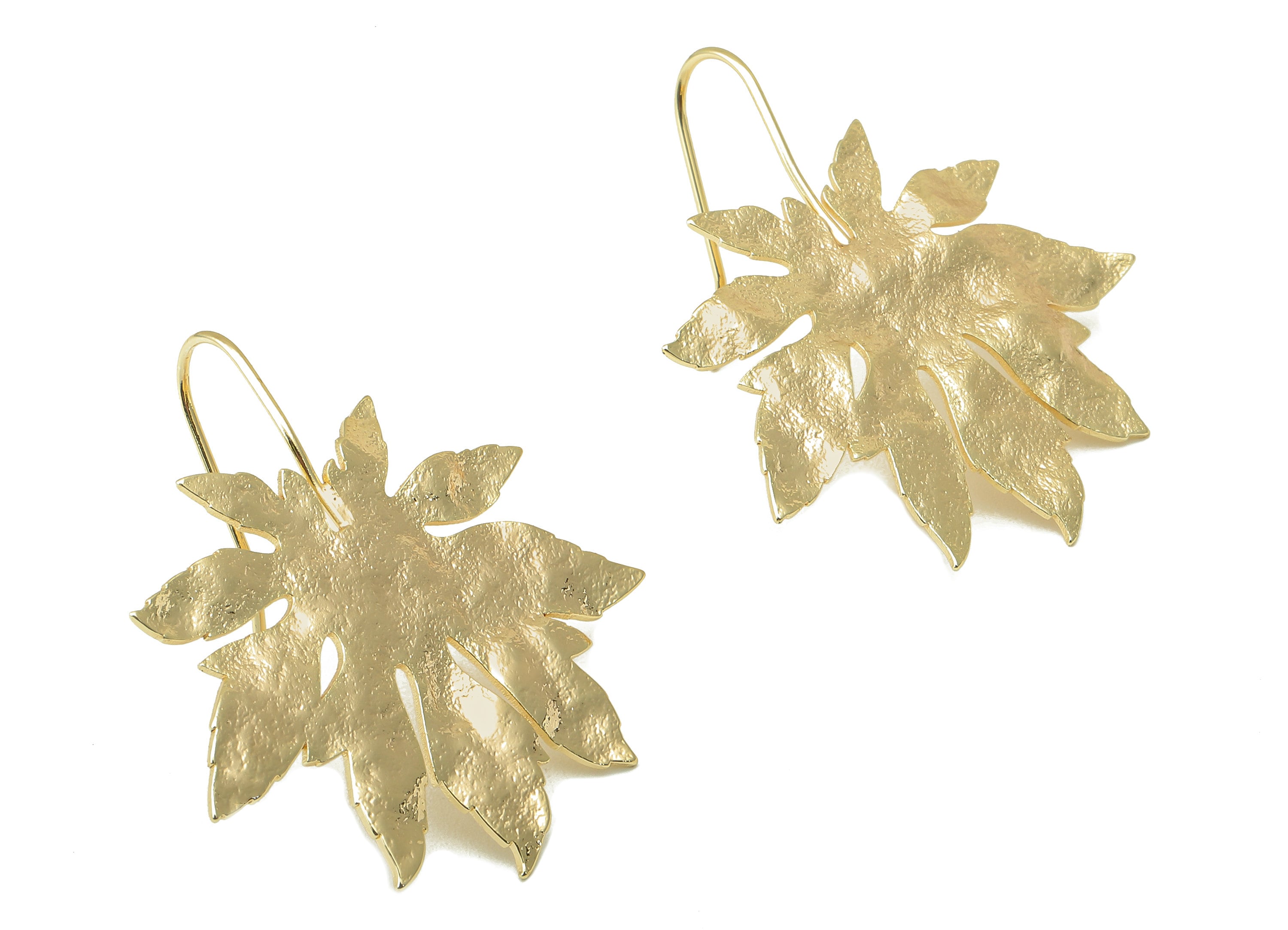 Brass Wires Horse Chestnut Earring - Brass Leaf Hook Earring -Textured Botanical Hook-18K Real Gold Plating-34.81x31.66x 1.32mm-RGP5999 - DOMEDBAZAAR