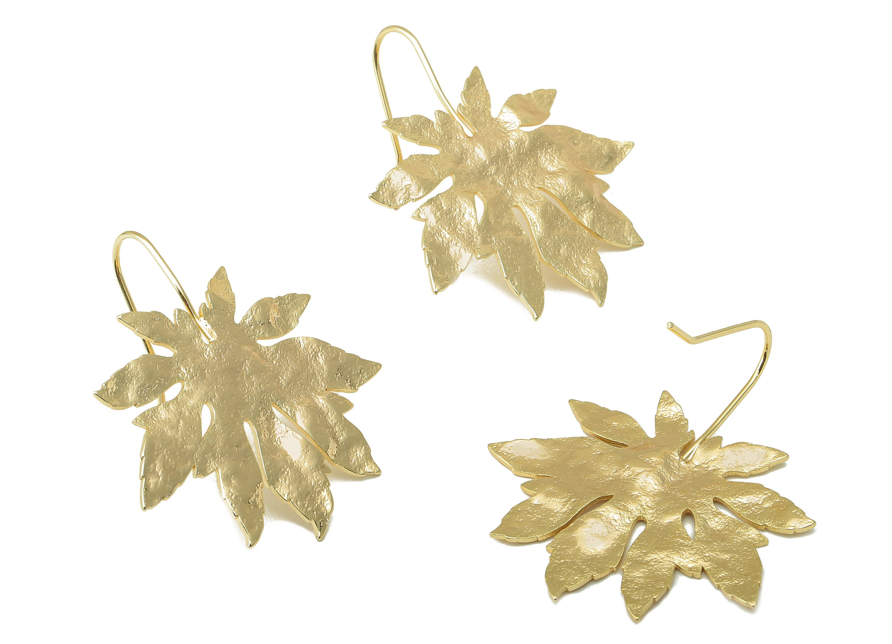 Brass Wires Horse Chestnut Earring - Brass Leaf Hook Earring -Textured Botanical Hook-18K Real Gold Plating-34.81x31.66x 1.32mm-RGP5999 - DOMEDBAZAAR