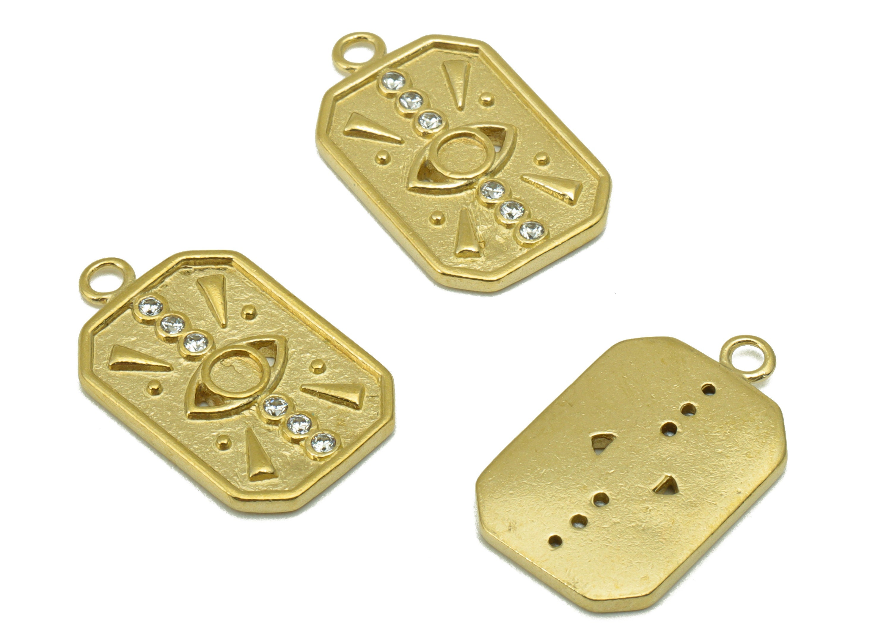 Brass Rectangle Eye Pendant - Raw Brass -Cubic Zircon  - For Necklace - Jewelry Supplies -20x 12.6x 1.68mm-PP8457 - DOMEDBAZAAR