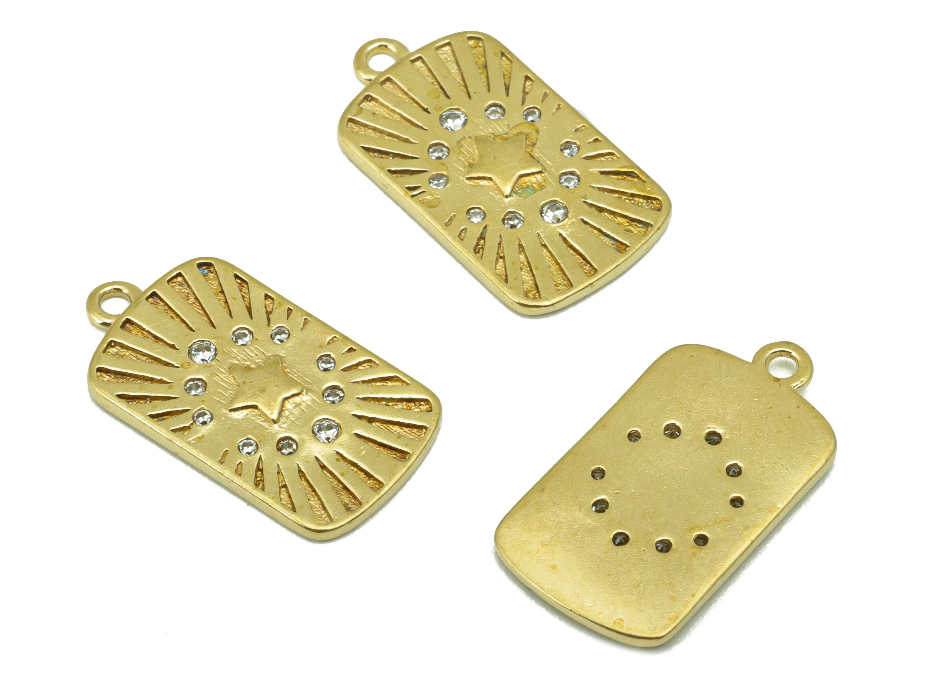 Brass Rectangle Star Pendant -Sun Patterned Brass Charm - Brass Zircon  - For Necklace - Jewelry Supplies -18.9x 10x 1.24mm --PP8492 - DOMEDBAZAAR