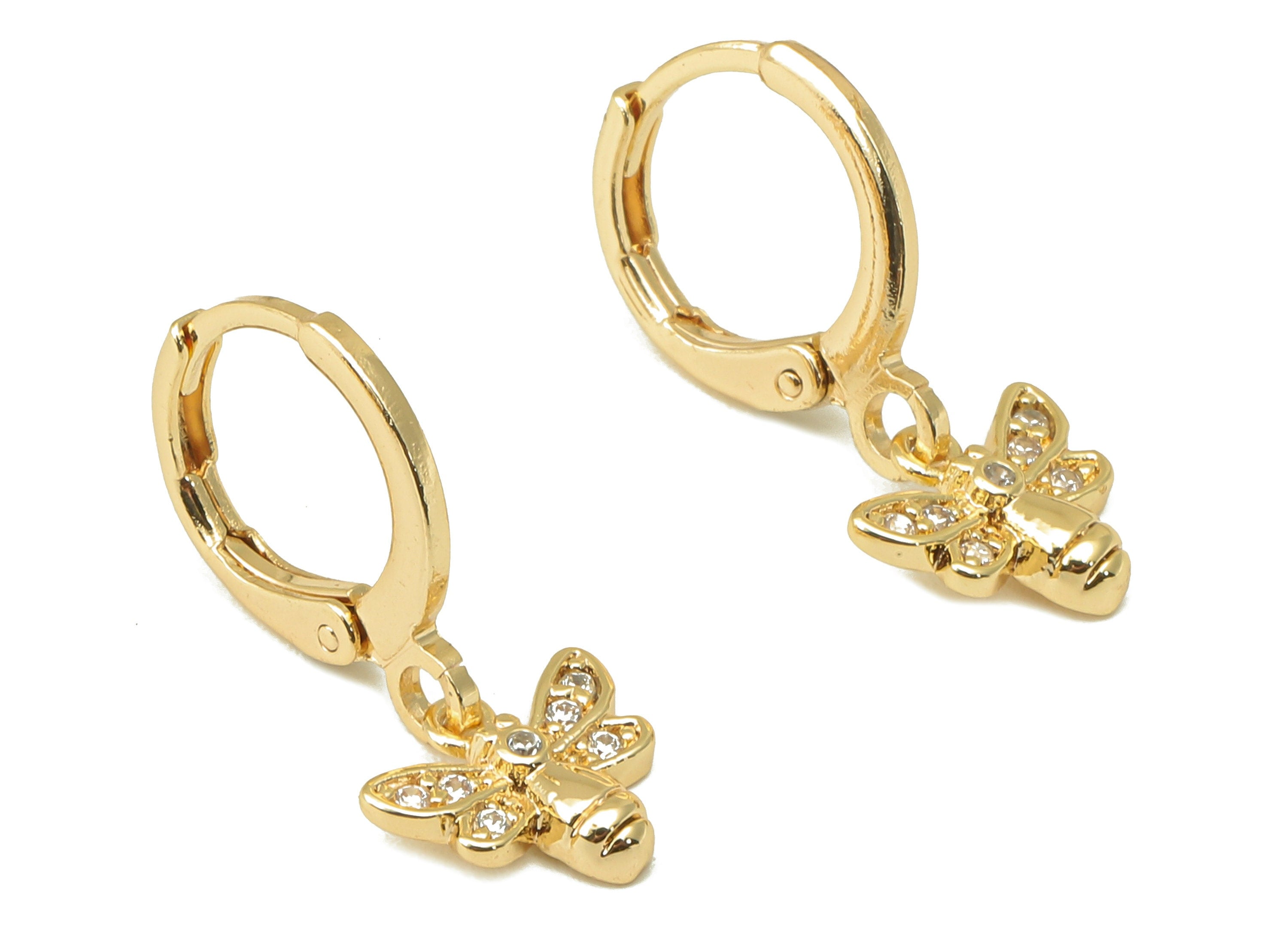 Brass Clasp Bee Earring - Huggie Hoop-Cubic Zirconia Clasp Earring-Huggie Hoop-18K Real Gold Plating-21.8x11.58x 1.84mm-RGP6006 - DOMEDBAZAAR